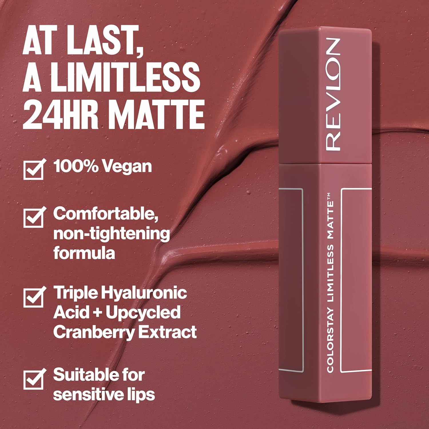 Detalle de Revlon ColorStay Limitless Matte Lipstick liquido 011 Fire Off – rossetto opaco vegano, idratazza triplo acido ialuronico