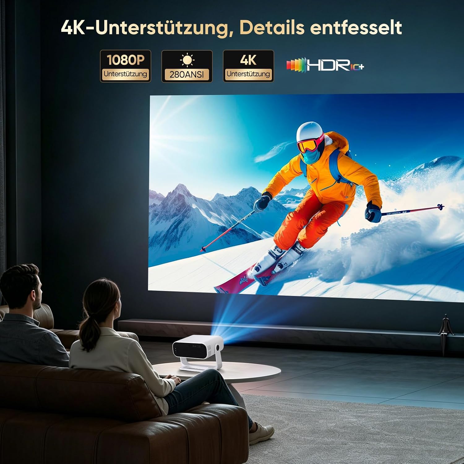 Detalle de Wielio Neuer Smart Mini Beamer mit integrierter App – Android 14, 1080p/4K-Dekodierung, WiFi6 & BT5.2