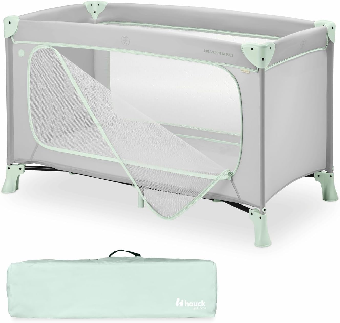 Detalle de hauck Dream N Play PLUS Travel Cot for Babies & Toddlers (Dusty Mint) – XL Hatch, Lightweight & Compact Folding
