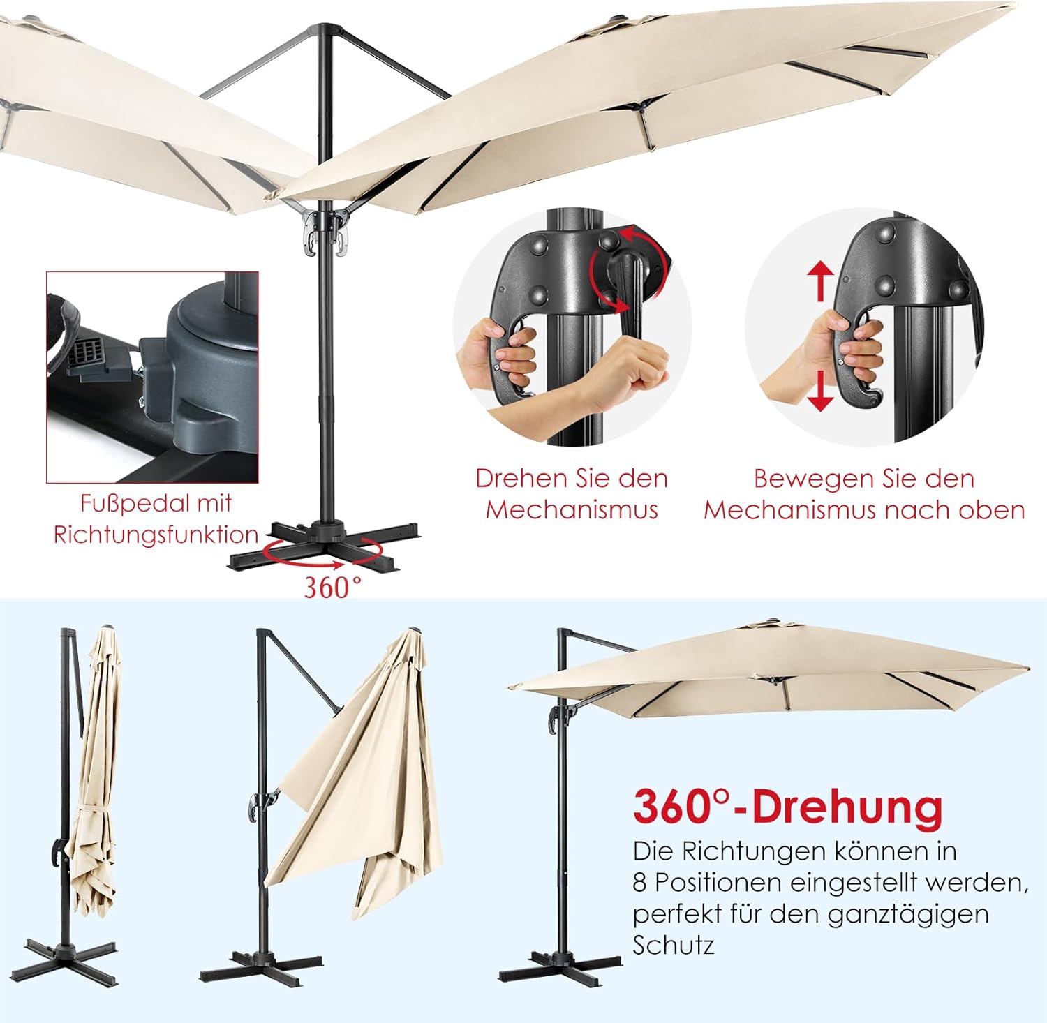 Thumbnail 4 de COSTWAY Sonnenschirm 300 × 300 cm quadratisch – Ampelschirm mit Kurbel, 360° Drehung, Neigbar, Beige