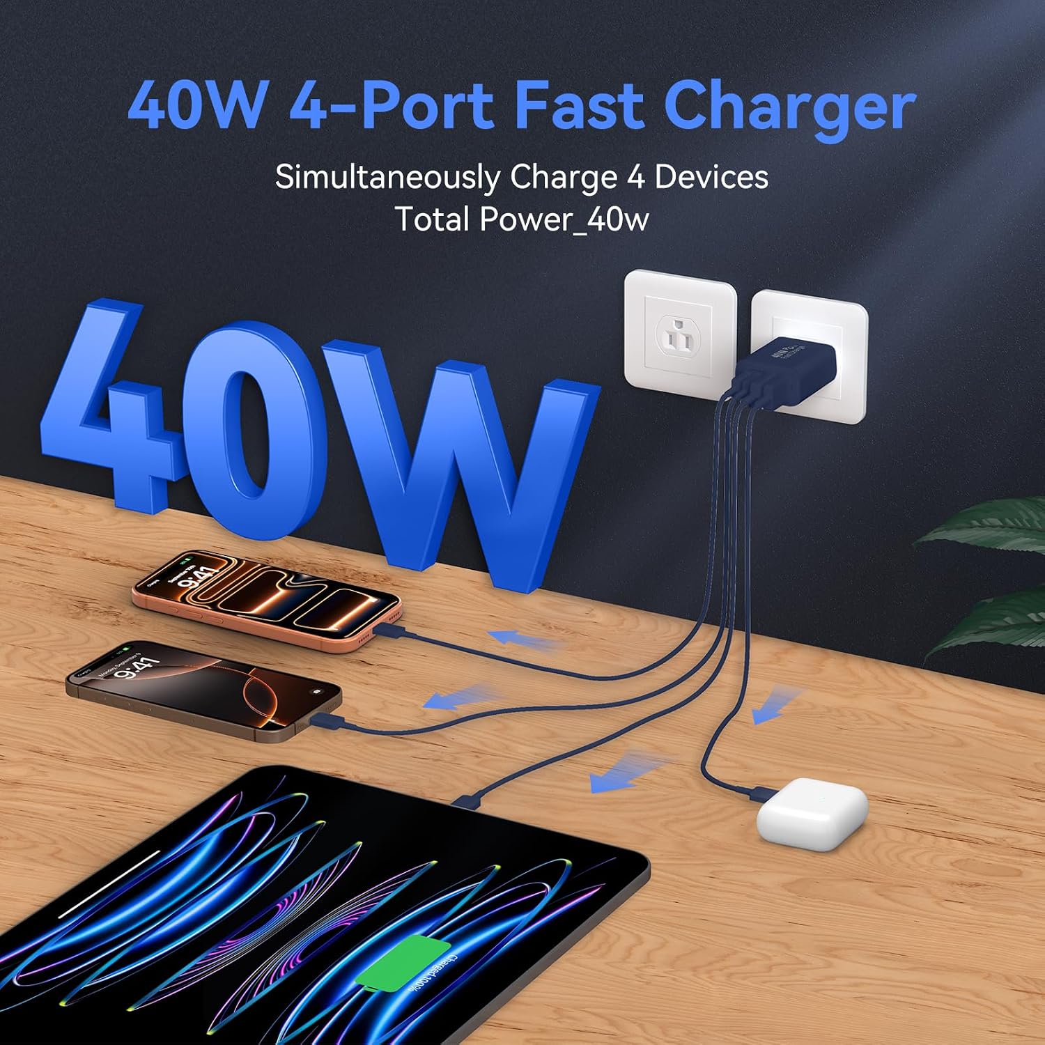 Detalle de USB C Wall Fast Charger Block, 40W 4-Port USB-C & USB-A Fast Charger