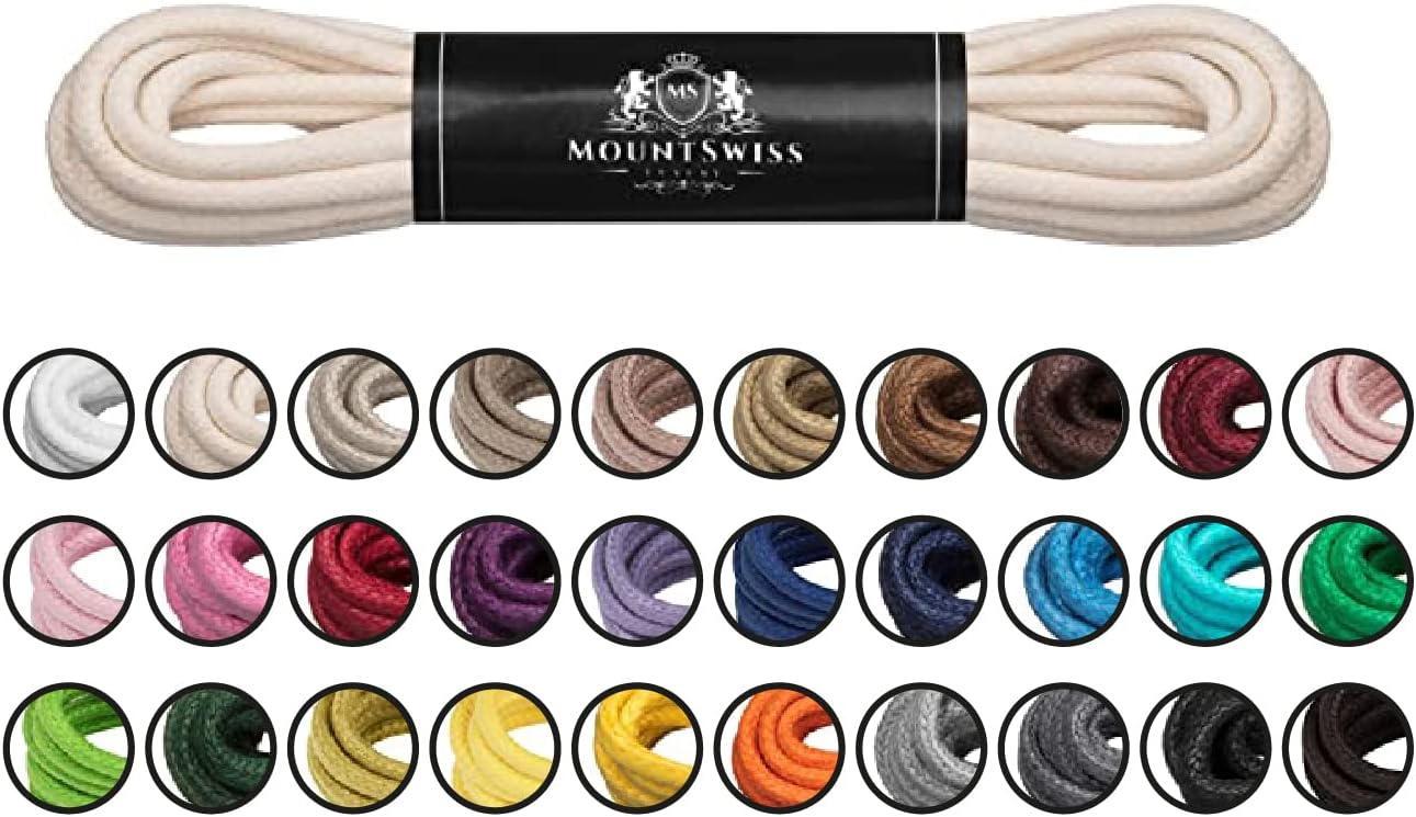 Lacets ronds cirés en coton tressé Mount Swiss – tailles 45 à 120 cm, Ø 2 & 3 mm