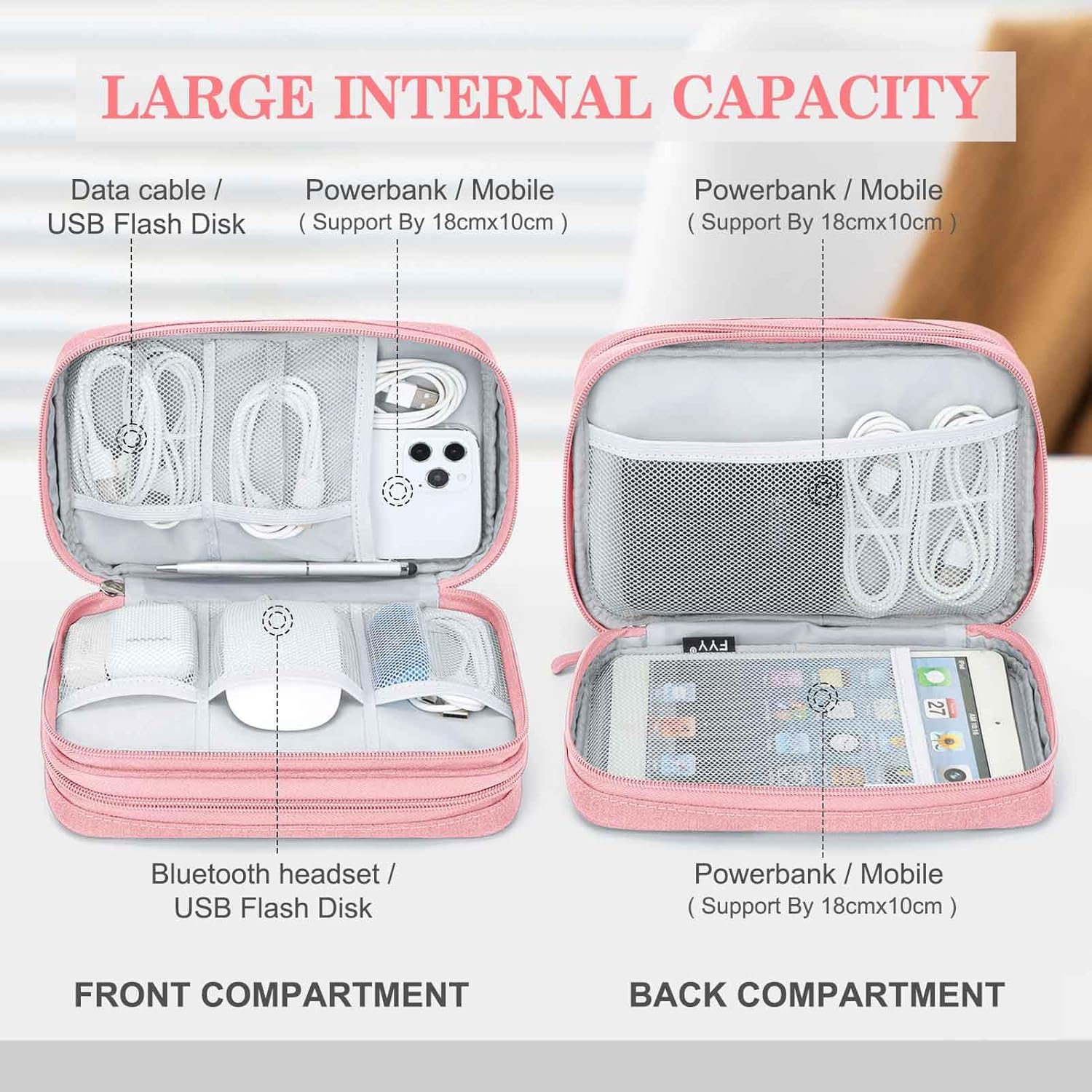 Detalle de FYY Travel Cable Organiser 2-Layer Waterproof Electronics Storage Pouch (L-Pink)