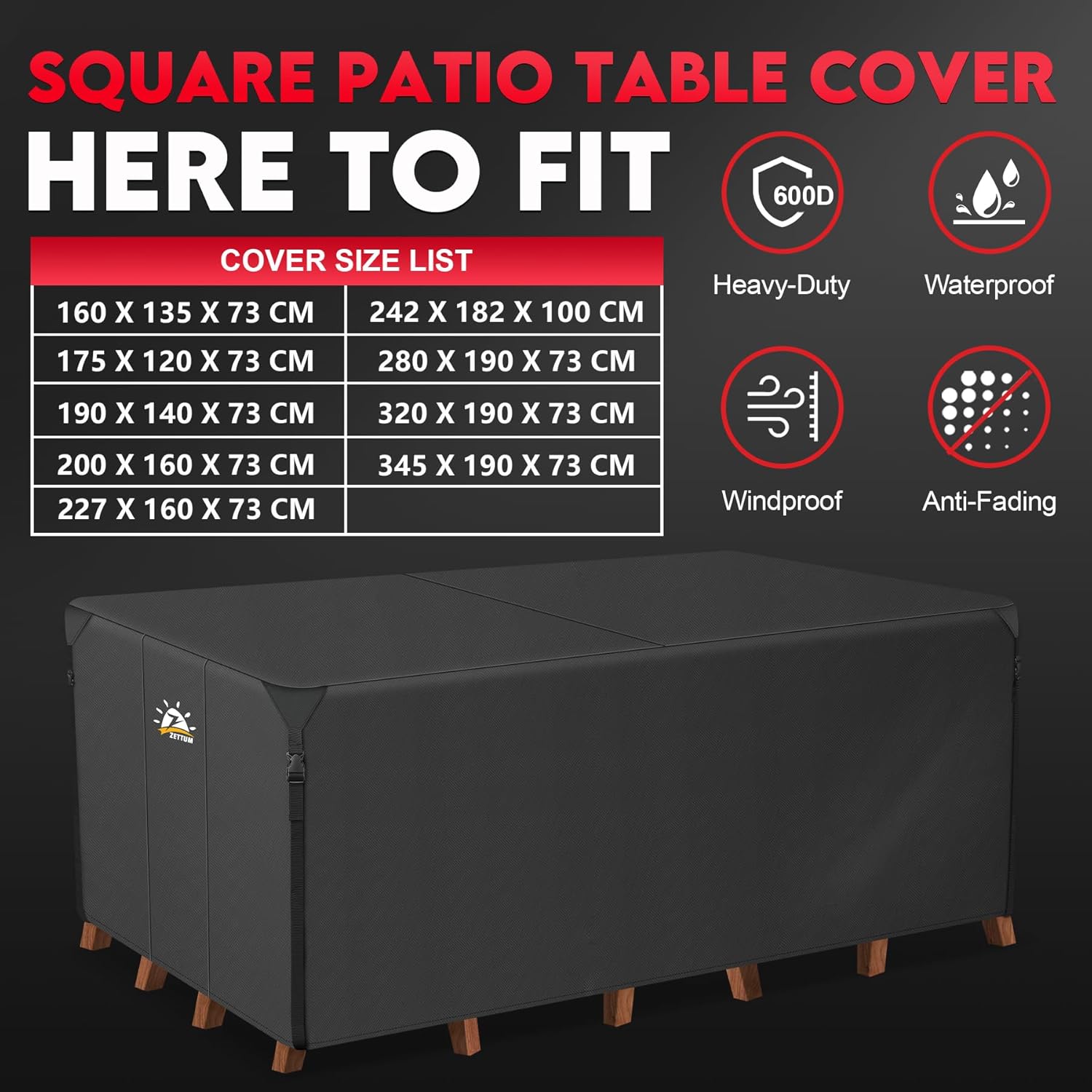 Detalle de Zettum 280x190x73cm Large Rectangular Garden Furniture Cover (600D) for Table and Chair Set