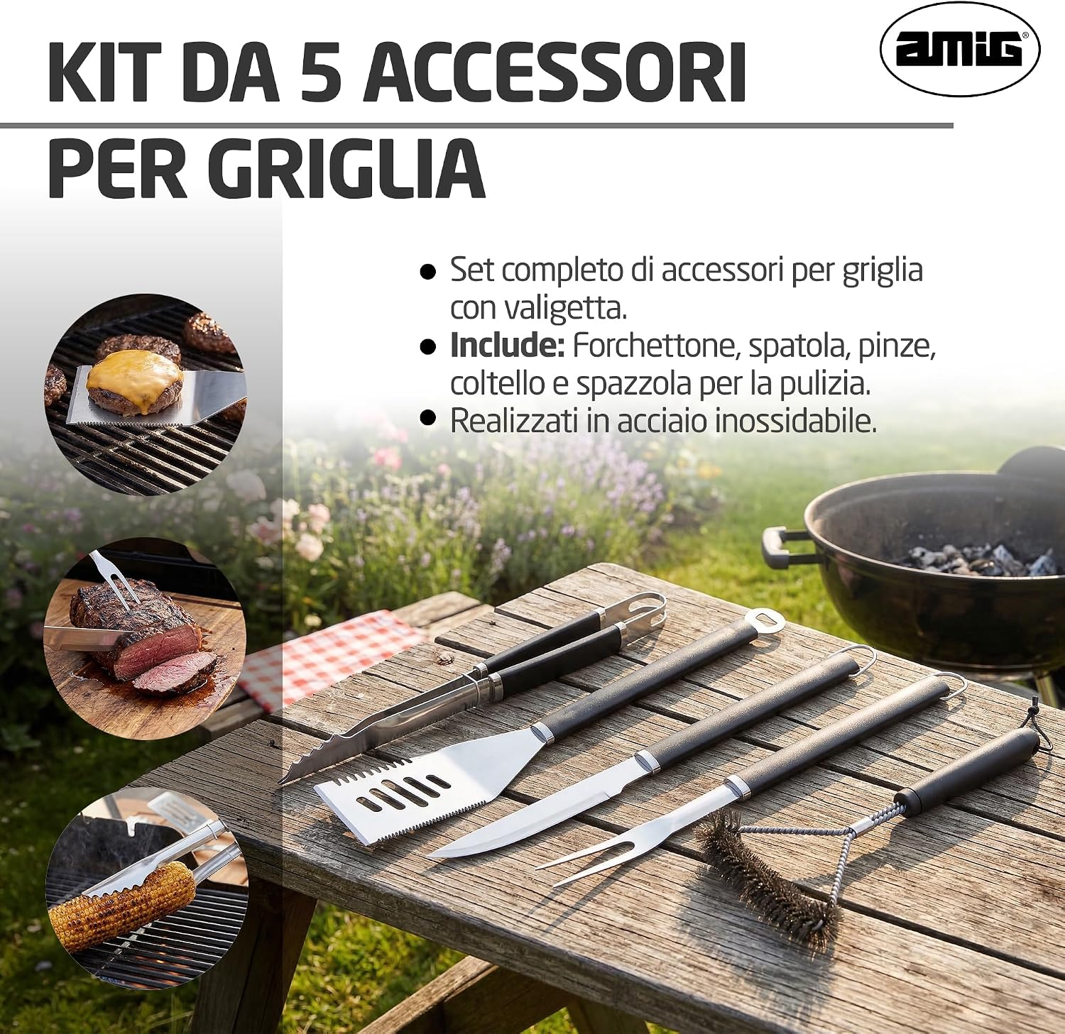 Detalle 2 de Amig Valigetta con 5 Accessori per Barbecue in Acciaio Inossidabile – Mod. AM01