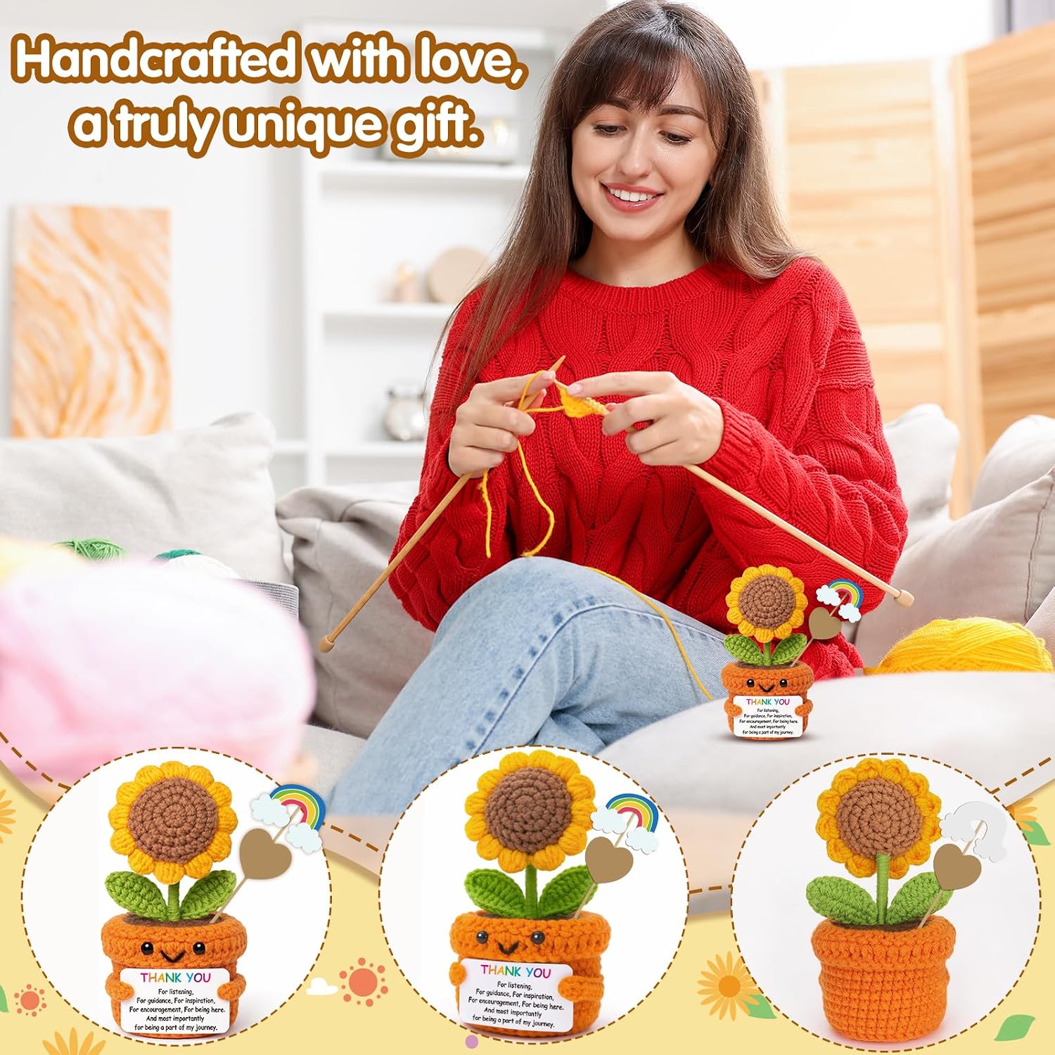 Detalle de Frabaca CJXRK010 Crochet Sunflower Thank-You Doll with Appreciation Card