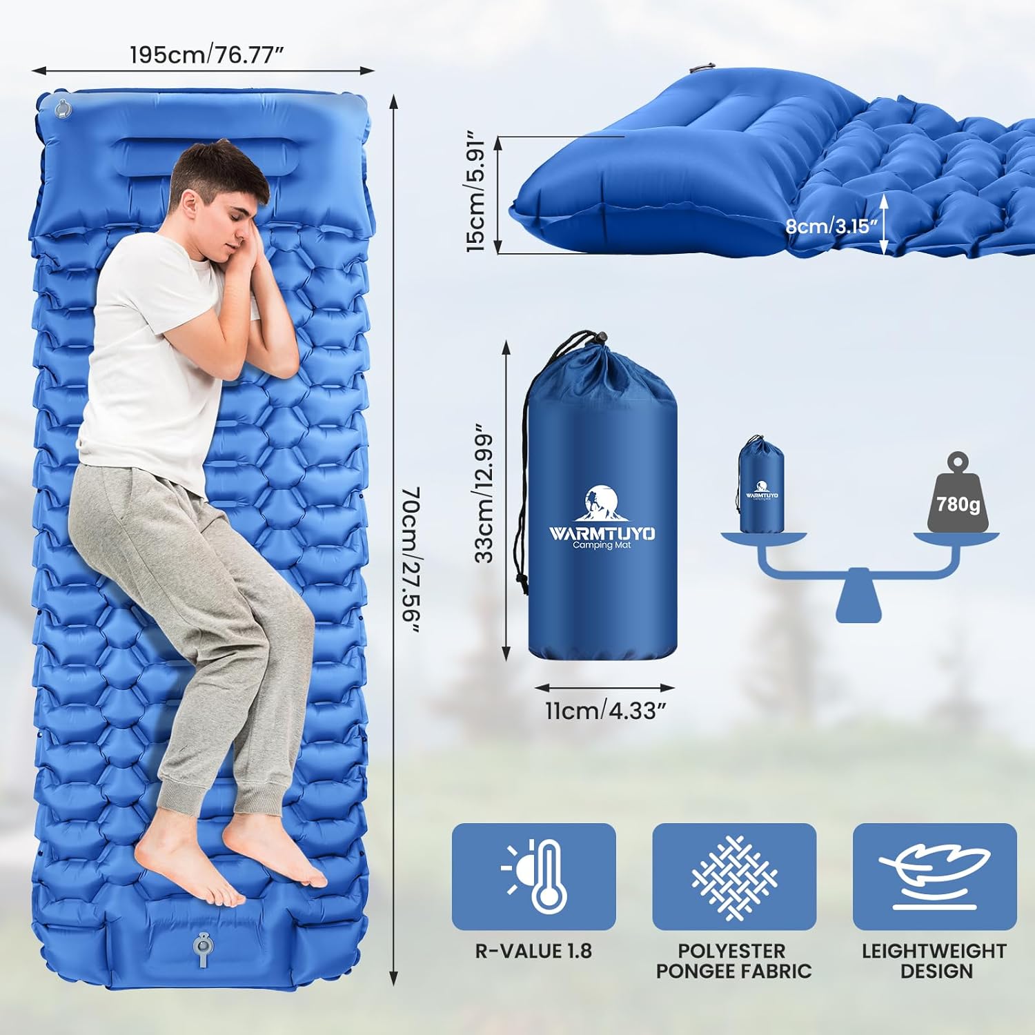 Thumbnail 5 de WARMTUYO Isomatte Camping – Ultraleicht, aufblasbare Schlafmatte mit Fußpumpe, Kopfkissen und faltbarem Design