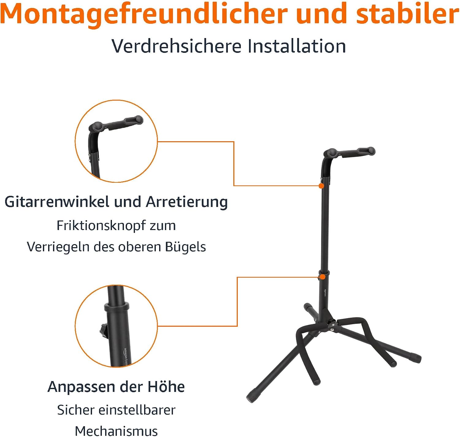 Detalle de Amazon Basics verstellbarer klappbarer Gitarrenständer mit Hals-Halterung für Akustik, E‑Gitarre, Bass, Banjo & 26‑Zoll‑Ukulele