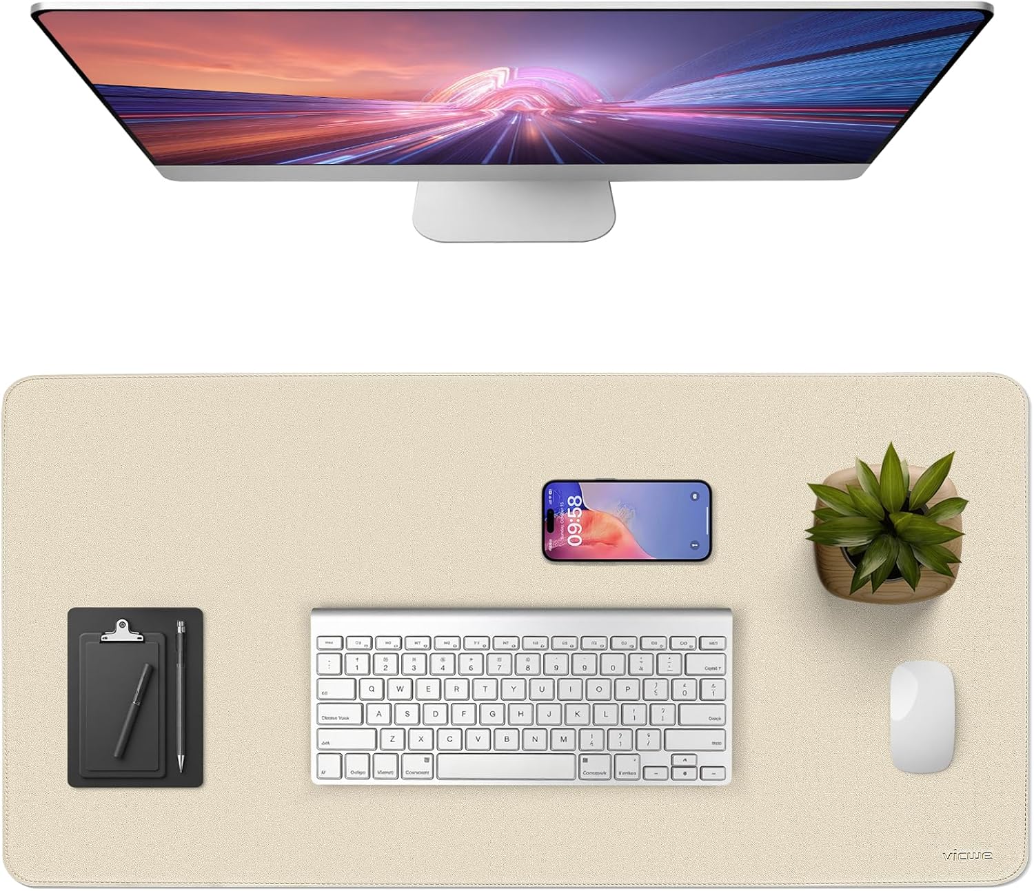 Detalle de Vicwe Schreibtischunterlage aus PU-Leder (120 x 60 cm) – rutschfestes Office-Mauspad für Büro & Zuhause, Beige