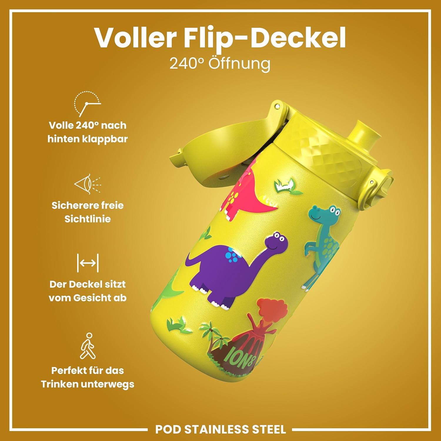 Thumbnail 3 de ion8 Kinder Trinkflasche Edelstahl Leicht 400ml – Auslaufsicher, Klappdeckel, Dinosaurier