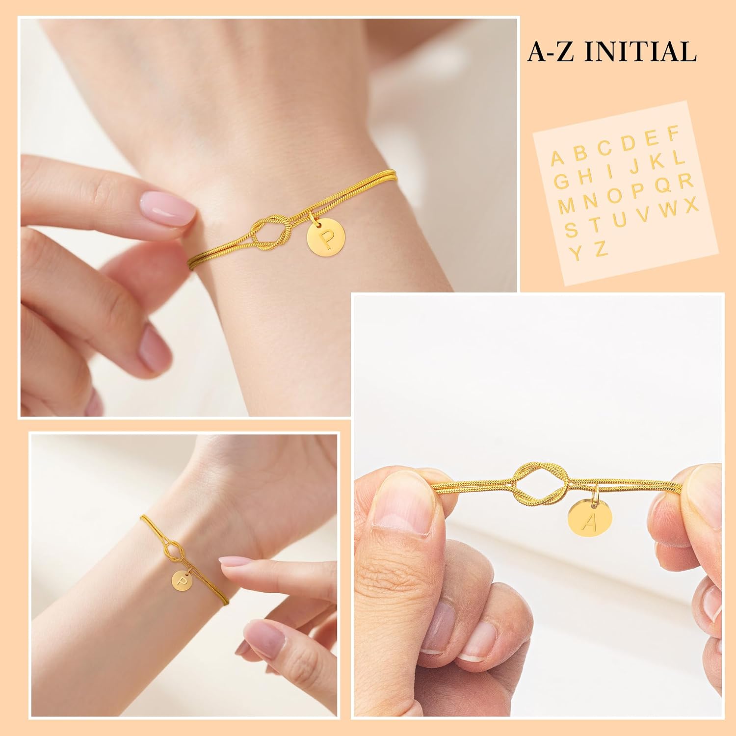 Detalle 2 de HAYOUWAY Liebesknoten-Armband Damen in Goldoptik mit Buchstaben (14K vergoldet)