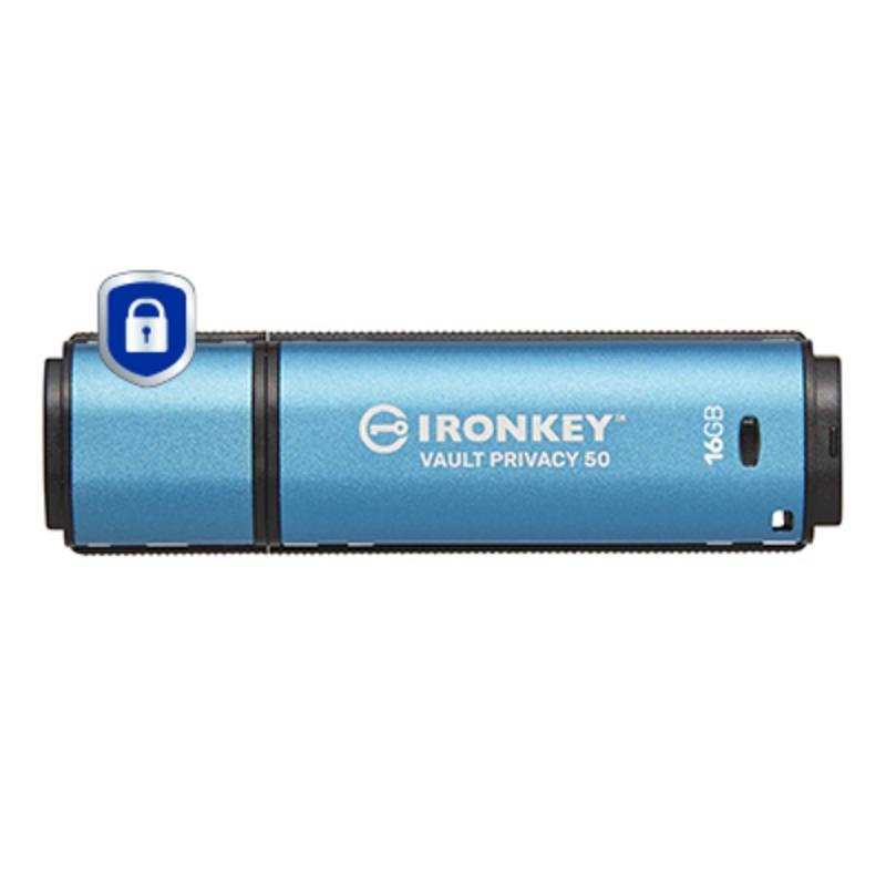 Detalle de Kingston IronKey Vault Privacy 50 16GB AES-256 FIPS 197 USB 3.2 (Negro-Azul)