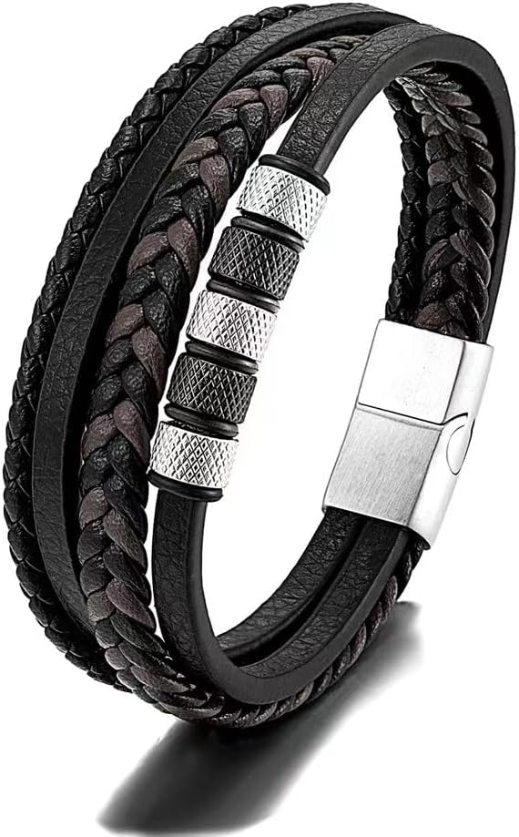 Detalle de JSNOM Herren Lederarmband aus echtem Rindsleder mit 316L-Edelstahl – geflochten, in Silber/Schwarz/Gold
