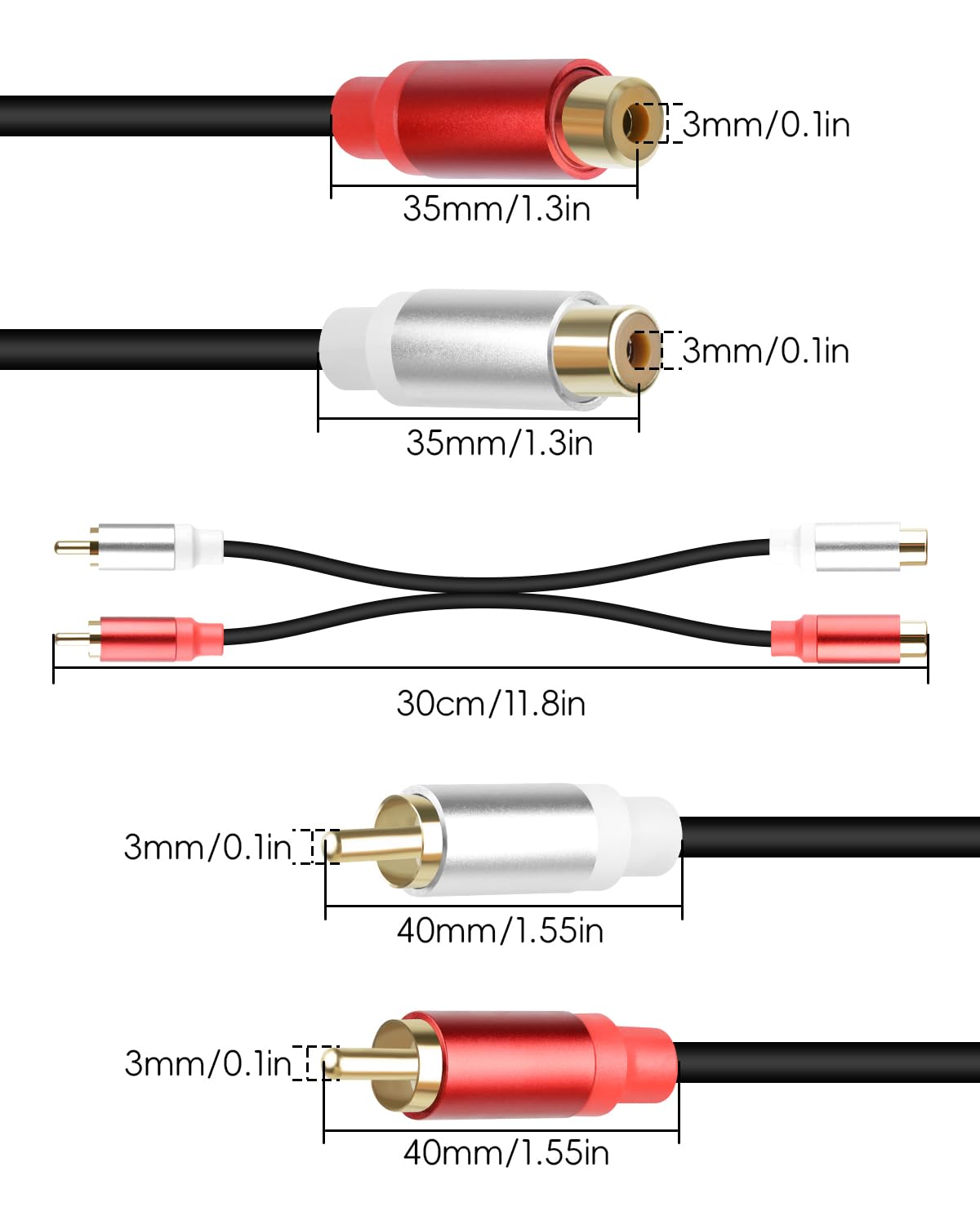 Thumbnail 6 de RIIEYOCA Phono to Phono RCA Cable 0.3m (2 Pack) – 2RCA Male to 2RCA Female