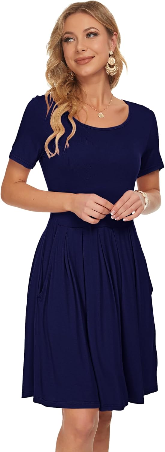 Detalle 2 de AUSELILY Damen Kurzarm Plissee Loose Swing Freizeitkleid mit knielangen Taschen
