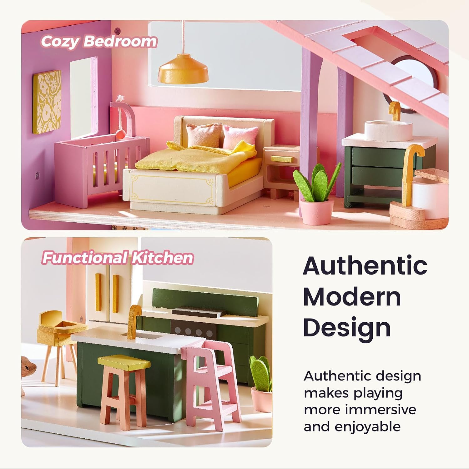 Detalle de Tiny Land Wooden Doll House: Modern Pink 7-Room Family Home with 49 Accessories