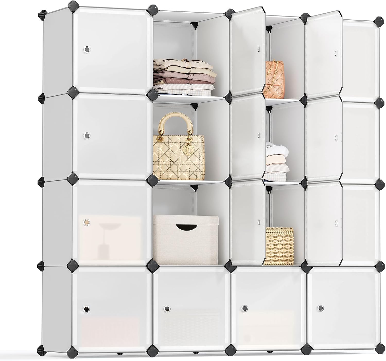 Detalle de SONGMICS Regalsystem: Schuhregal-Set aus 16 Würfeln, Kleiderschrank aus Kunststoff mit Türen – weiß (LPC44BS)