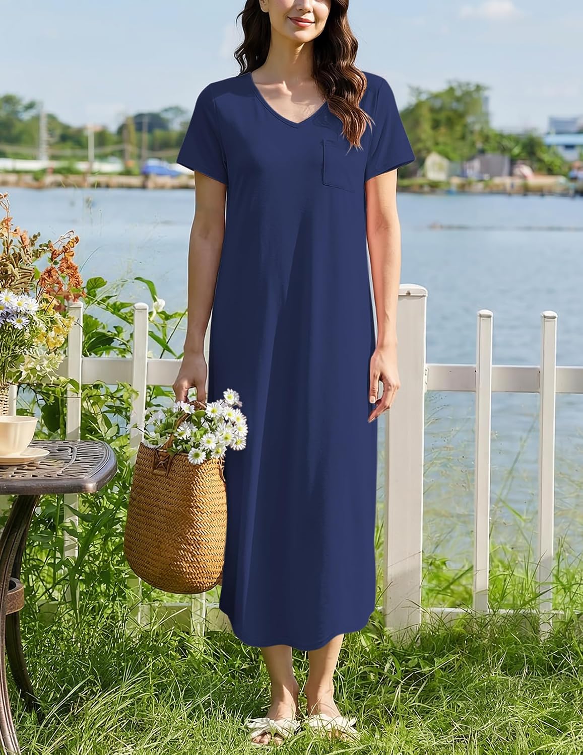 Thumbnail 4 de Ekouaer Long Bamboo Viscose Nightgown, Short-Sleeve V-Neck Sleepshirt