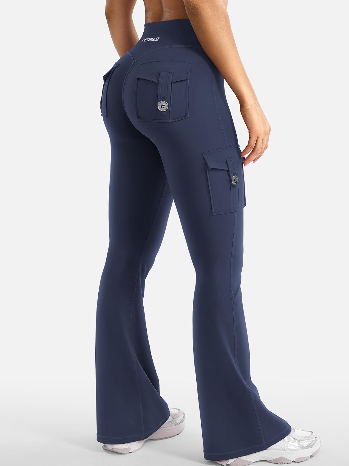 Detalle de YEOREO CoreFlex Damen Flare Leggings mit 4 Pockets, High Waist und Invisible Scrunch – blickdicht & nahtlos im Frontbereich