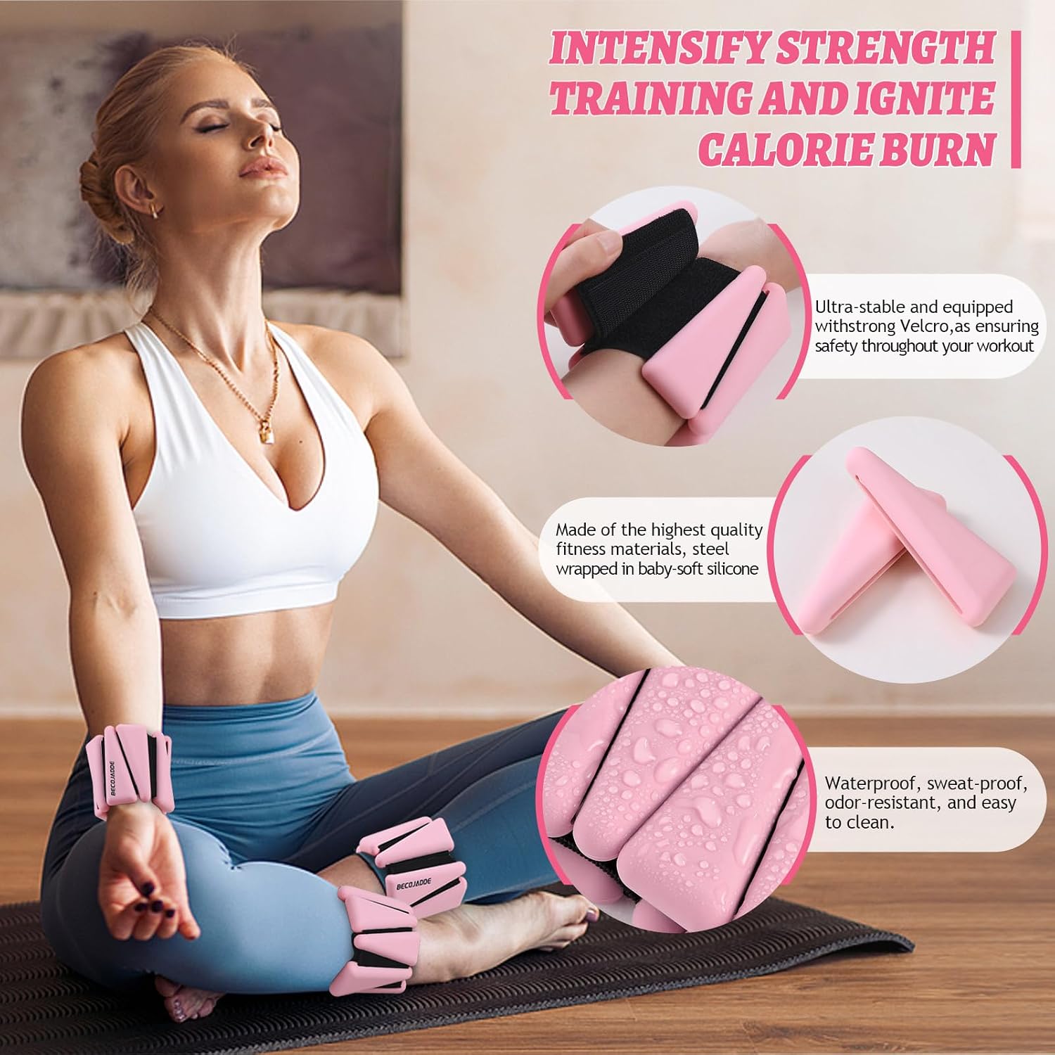 Detalle de BECOJADDE Adjustable Ankle and Wrist Weights, 4 lb Pair, Pink
