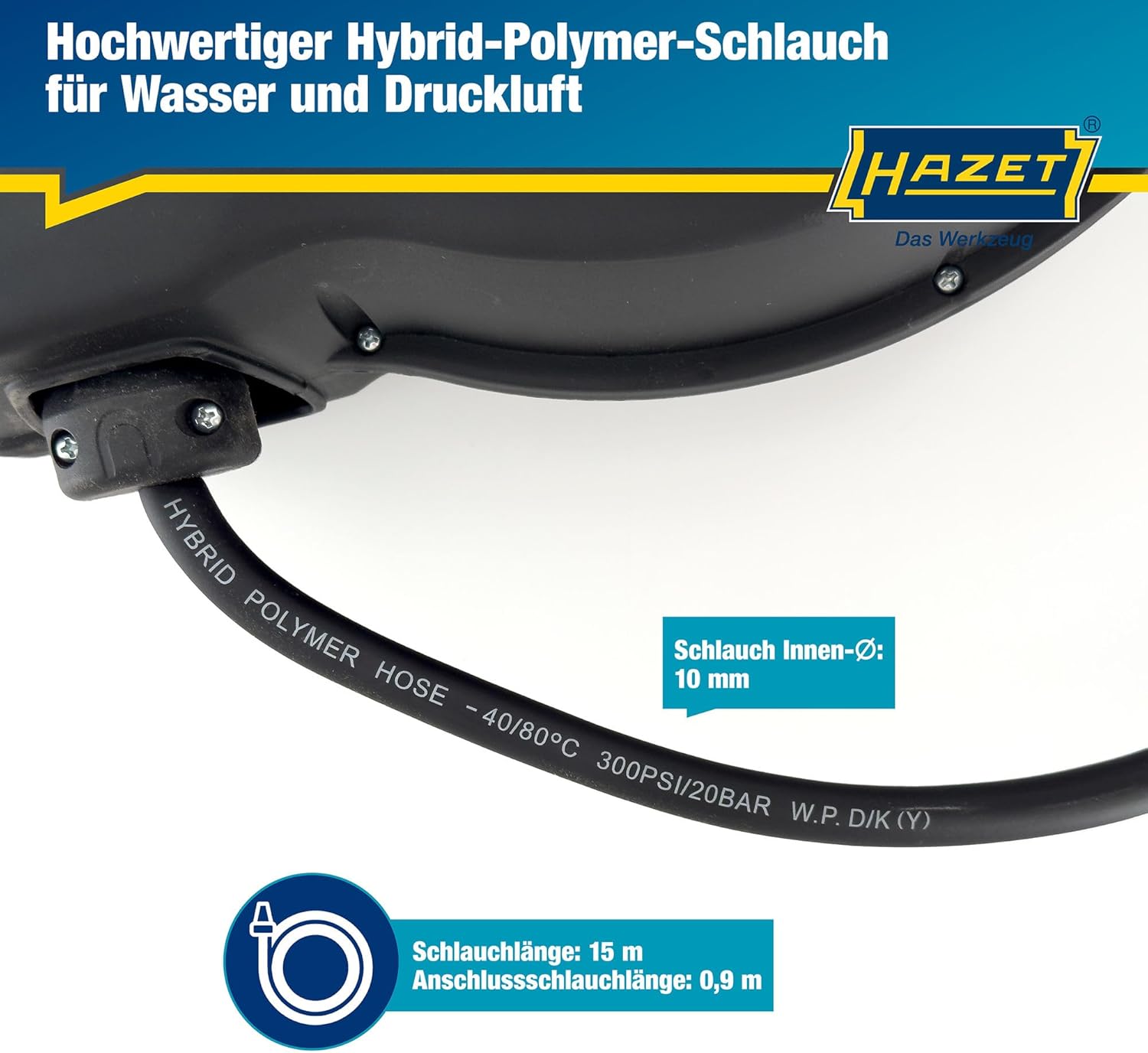 Detalle de HAZET Schlauch-Aufroller 9040N-10 – 15 m Schlauchlänge, 10 mm Innen-Durchmesser, 20 bar