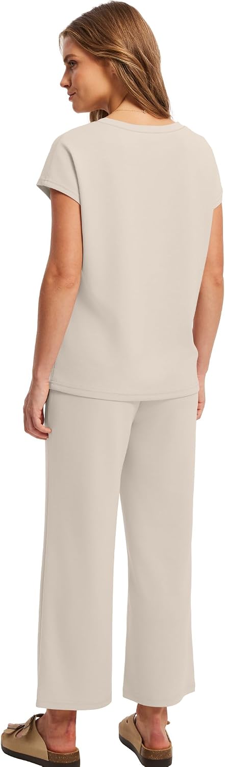 Thumbnail 4 de Saloogoe Two-Piece Summer Lounge Set: V-Neck Cap Sleeve Top + Wide-Leg Drawstring Pants