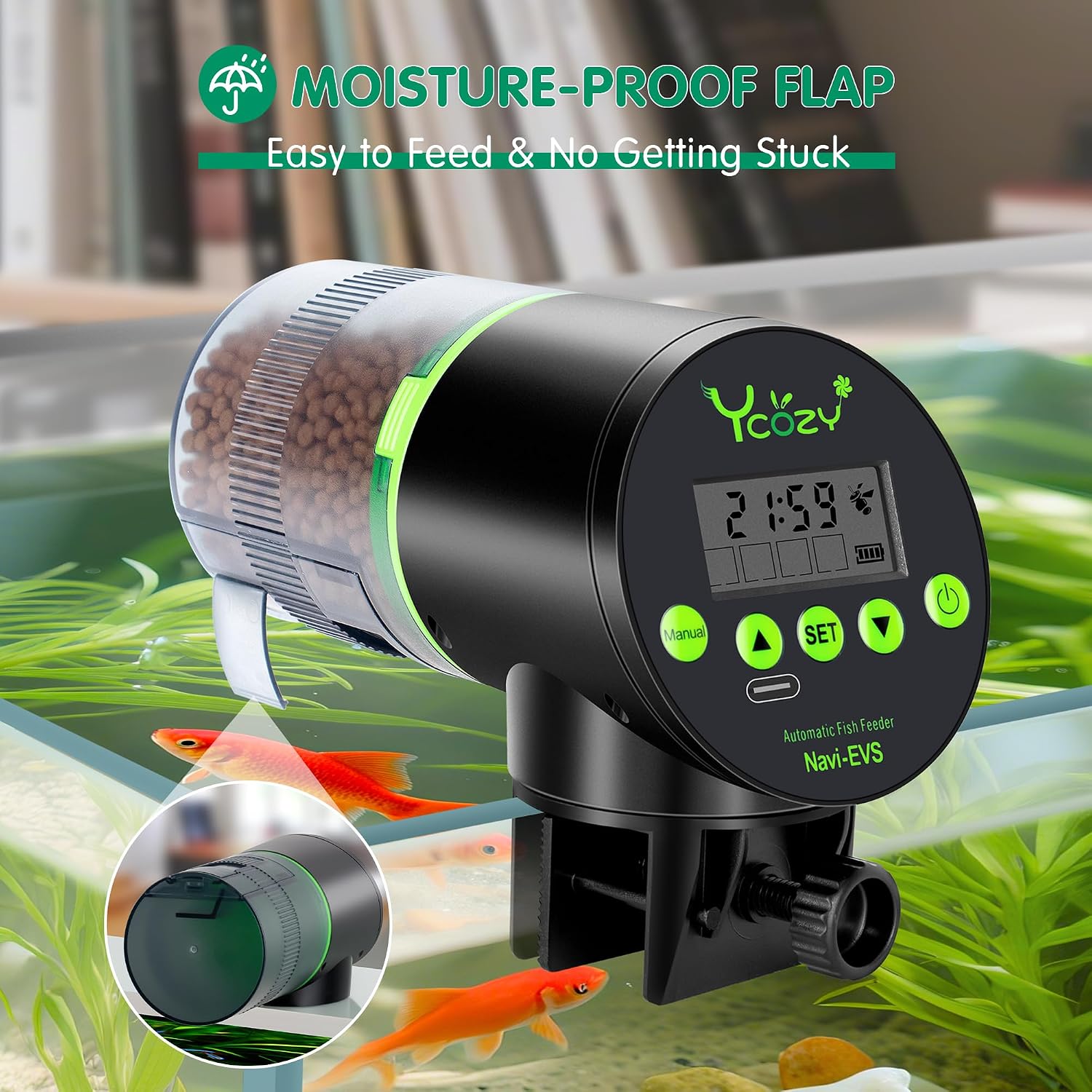 Detalle de Ycozy Mangiatoia Automatica per Acquario Navi-EVS – Alimentatore Mangiatoia USB Ricaricabile per Pesci, 600 L