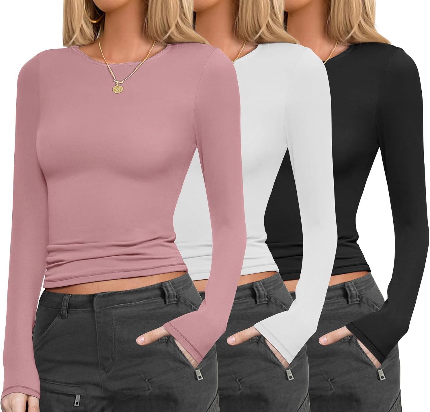 Detalle de Ekouaer women’s long sleeve thermal fitted tops (3-pack) crew neck base layer, S–XXL