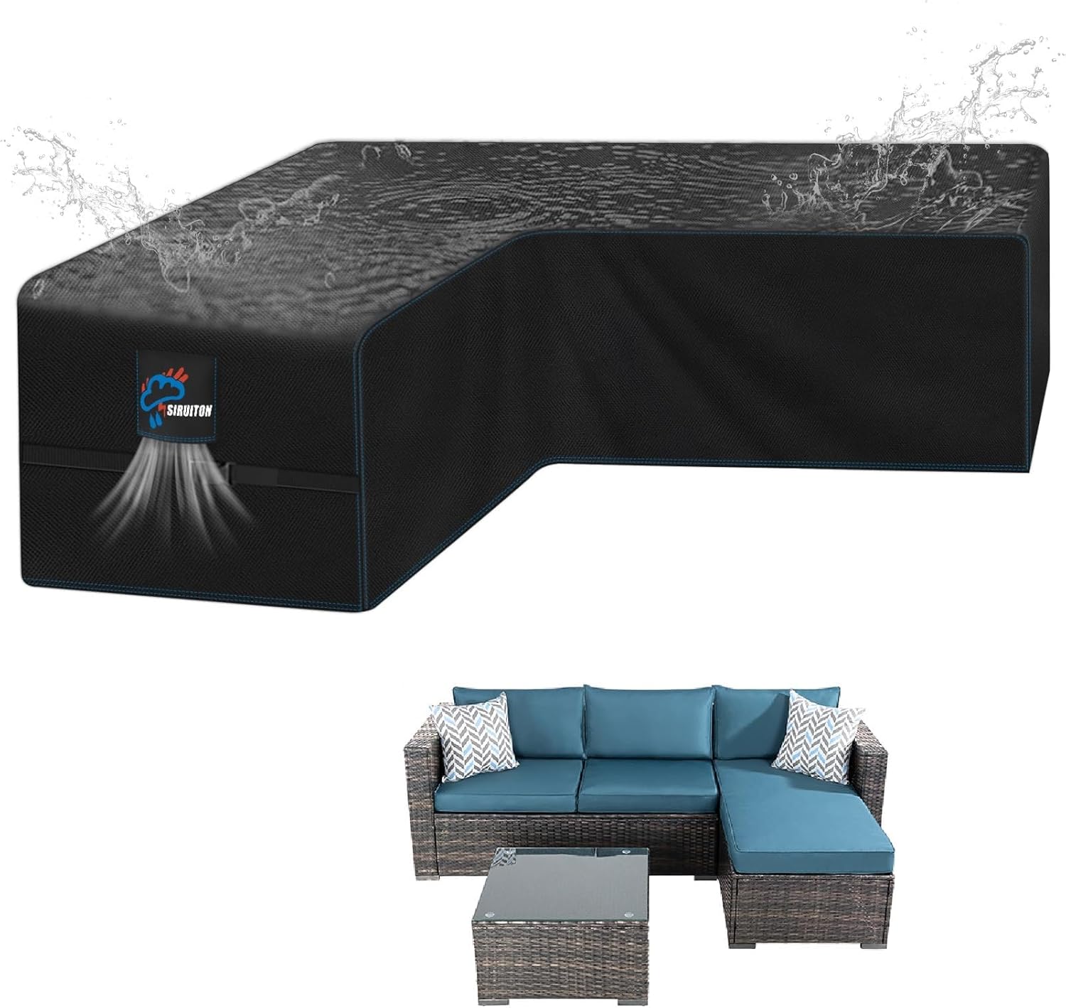 Thumbnail 6 de SIRUITON Ecksofa-Abdeckung für Gartenmöbel (V-Form), wasserdichtes 420D Oxford, 215 x 215 x 87 cm