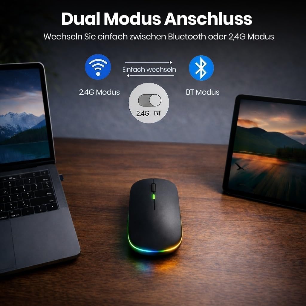 Thumbnail 3 de GLOBAL TECH Kabellose Bluetooth-Maus mit Dual-Modus (2,4 GHz & Bluetooth), wiederaufladbar, ultradünn – Schwarz
