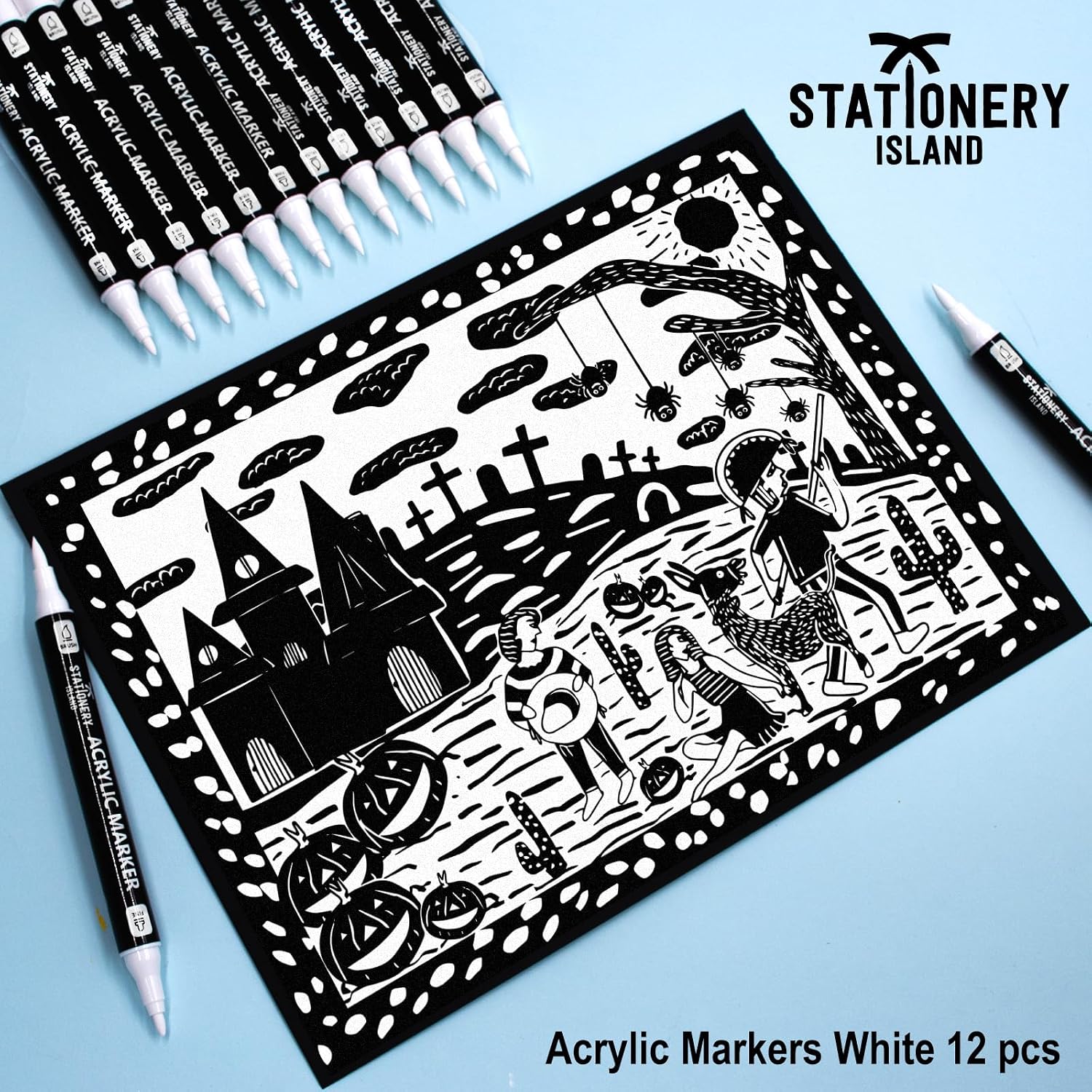 Detalle de STATIONERY ISLAND Acrylstifte Weiß – 12er Doppelseiten-Acrylmarker, wasserbasierte Tinte