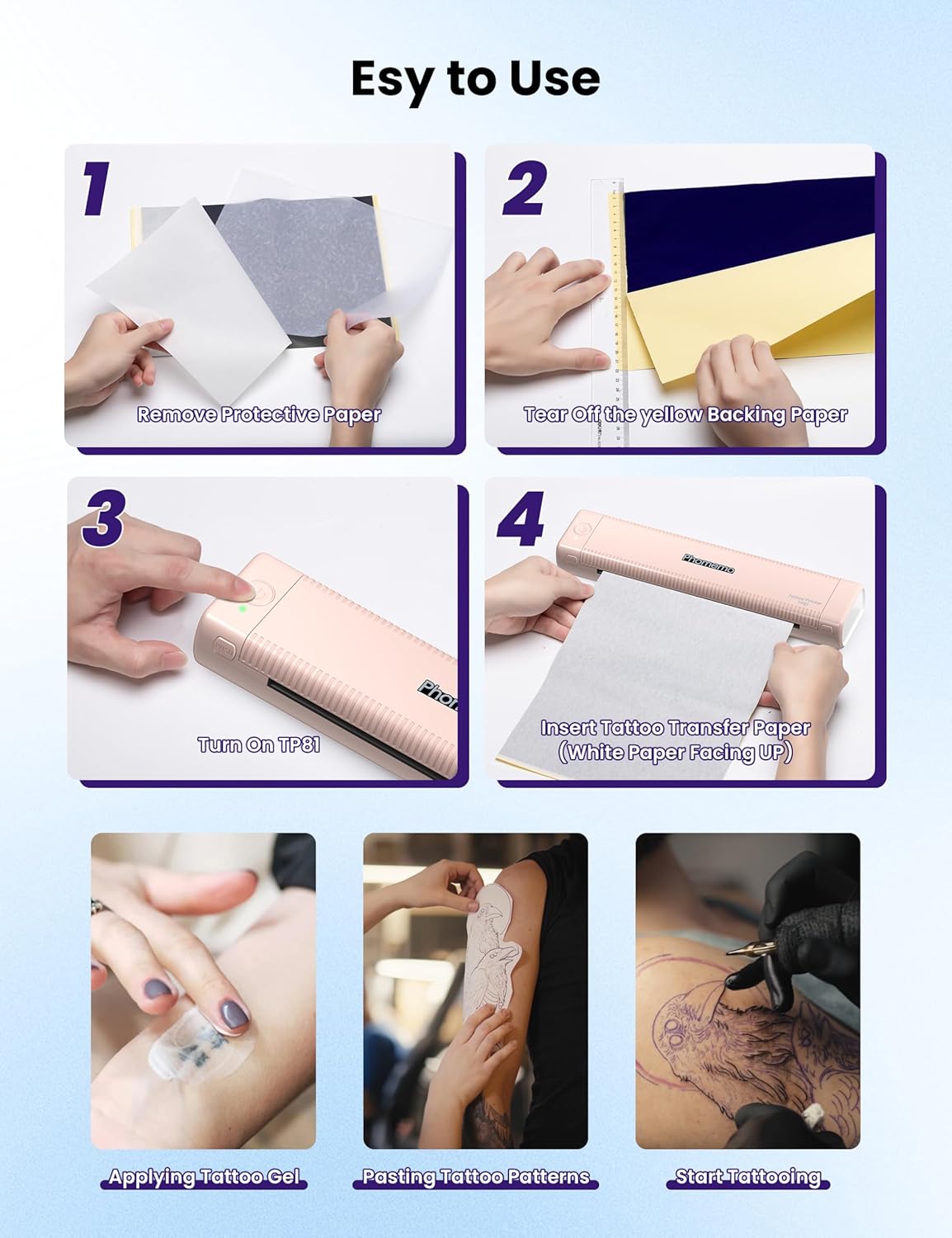 Thumbnail 6 de Phomemo TP81 Tattoo Printer (Stencil Printer) with 10 Tattoo Stencils Papers – Thermal Thermal Printer for Home or Studio, Pink