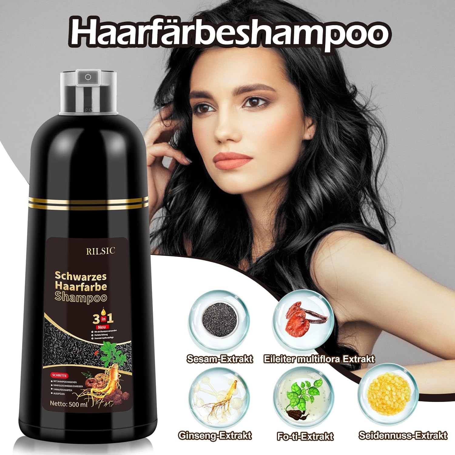 Thumbnail 1 de BLSFXROE Black Hair Dye Shampoo 3in1 – Sofort-Haarfarbe Schwarz gegen graue Haare, 500 ml