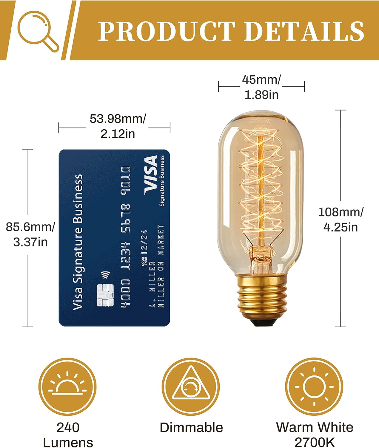 Detalle 2 de DORESshop DWS001RW40E26-4-2700K/ST19-5 T45 Incandescent Bulbs, 40W Amber Glass