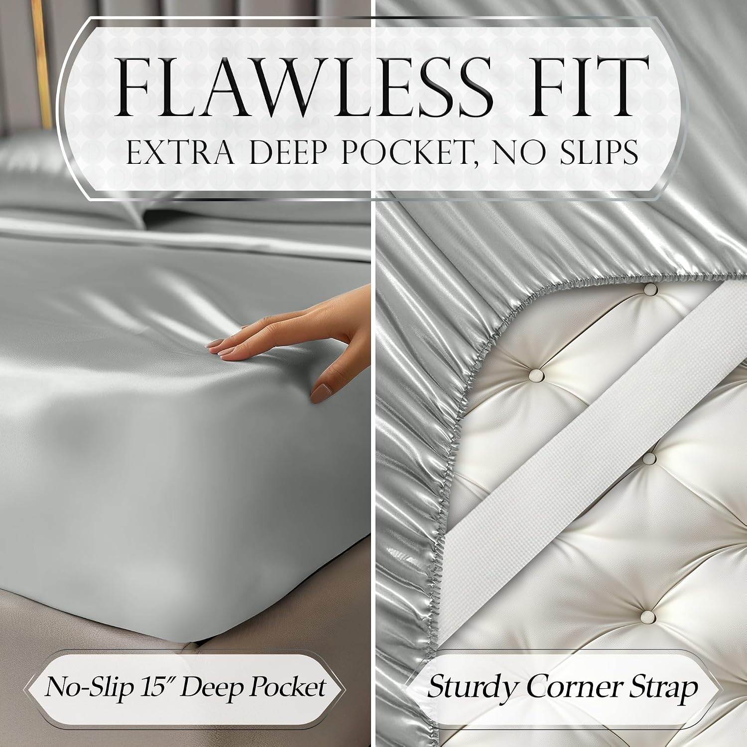 Thumbnail 4 de DECOLURE Satin Bed Sheets (4-Piece) for Queen Size with 15” Deep Pocket Fitted Sheet – Grey