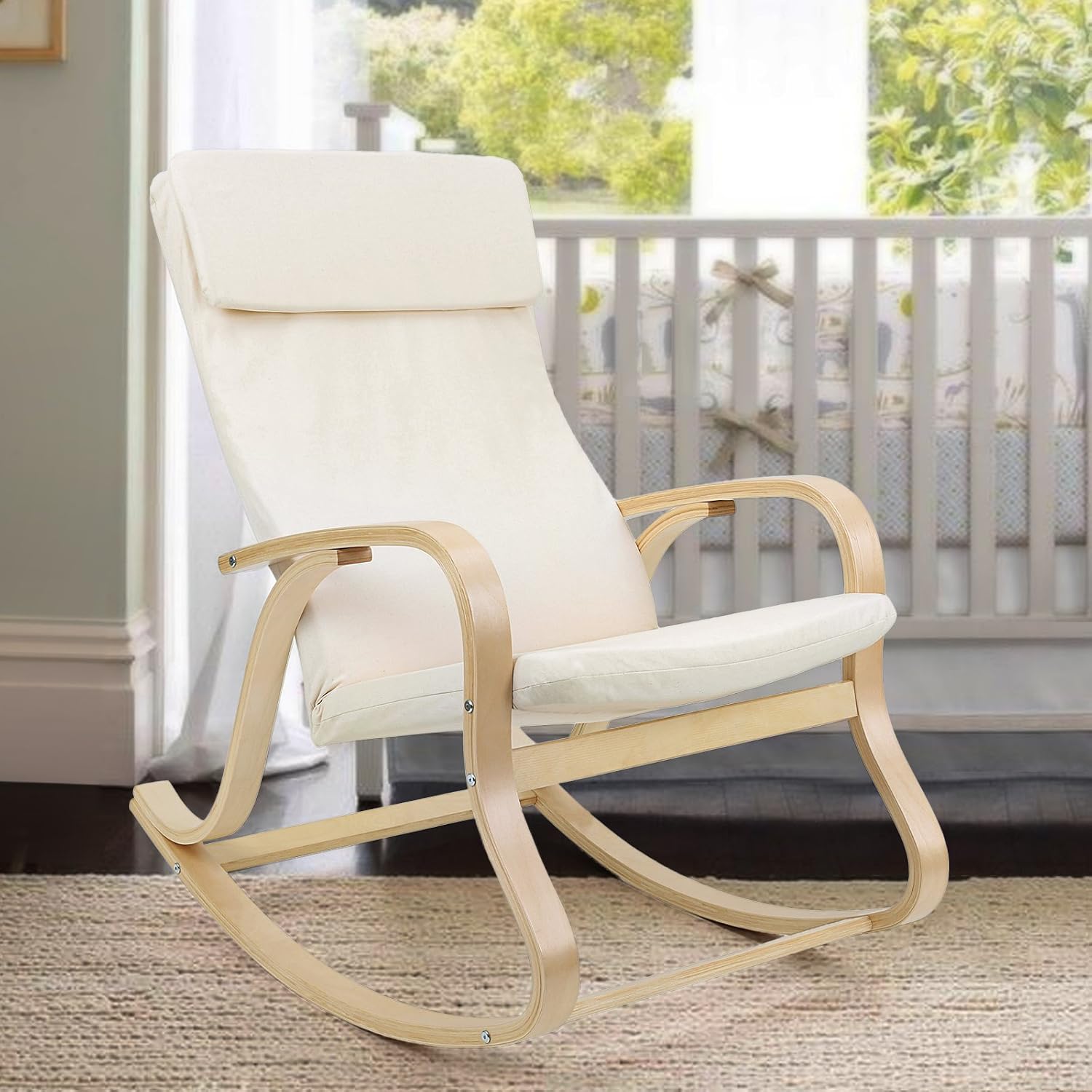 Detalle 2 de Songmics LYY30M poltrona a dondolo beige (65 x 90 x 98 cm): comoda e con cuscino integrato