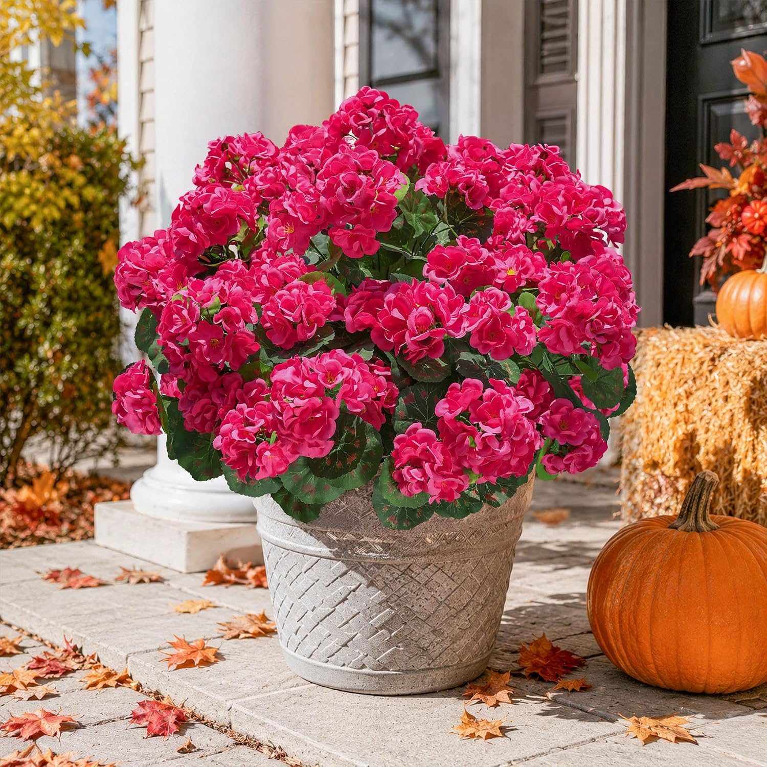 Detalle 2 de HyeFlora Artificial Geranium Fake Flowers for Outdoors Decoration (6 Bundles) — UV Resistant Silk, Hot Pink