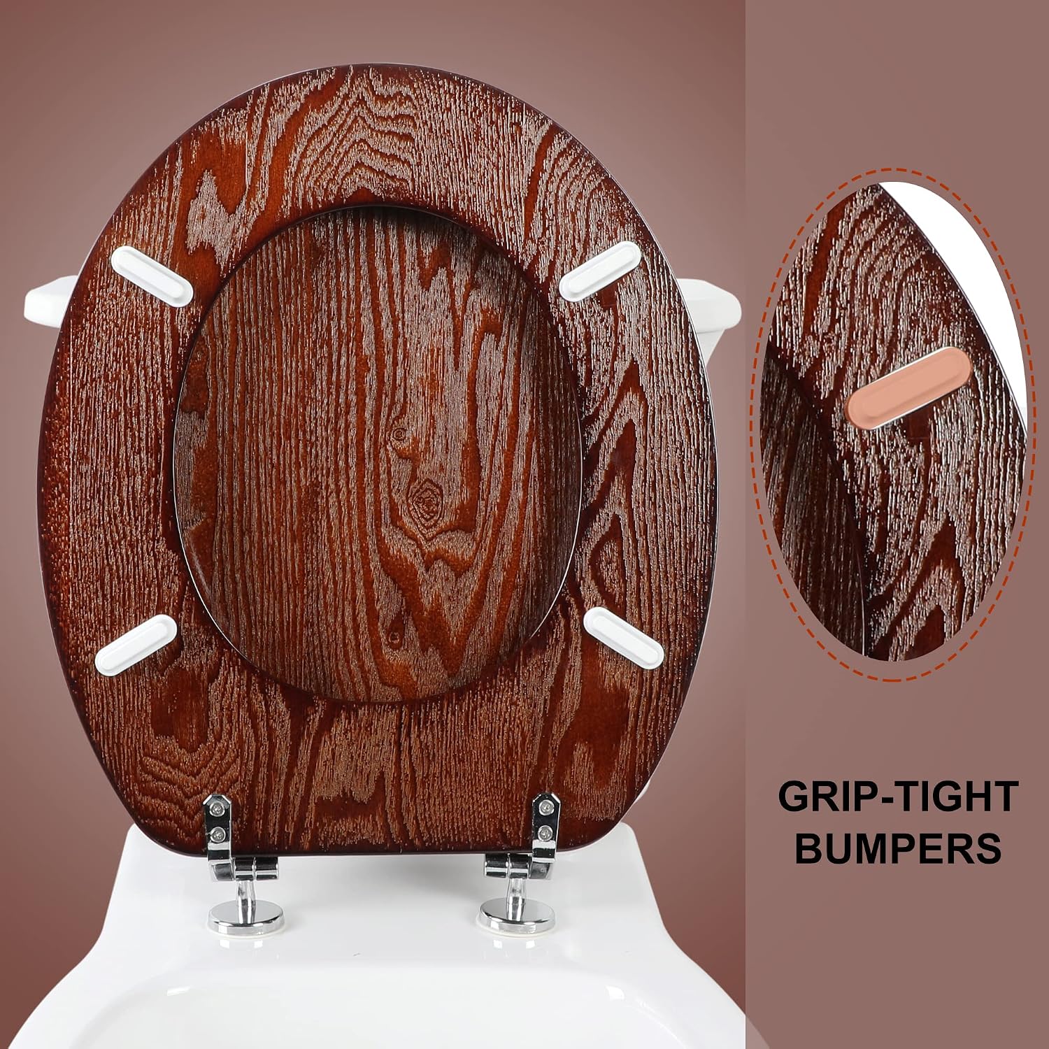 Thumbnail 3 de Angel Shield Natural Wooden Toilet Seat with Zinc Alloy Hinges (Dark Walnut) – Easy-clean, anti-pinch design