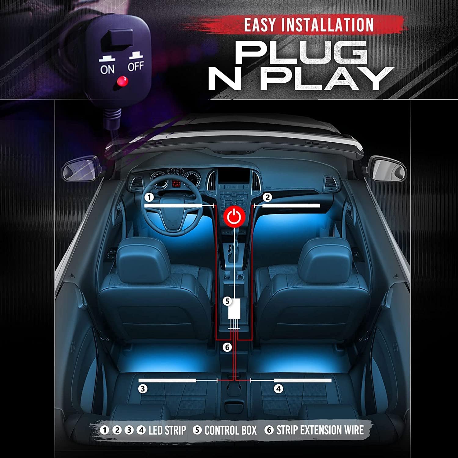 Thumbnail 3 de OPT7 Aura Double Row Car LED Lights Interior Kit (6pc) with Wireless Remote, Multicolor & Sound-Active Ambient Lighting