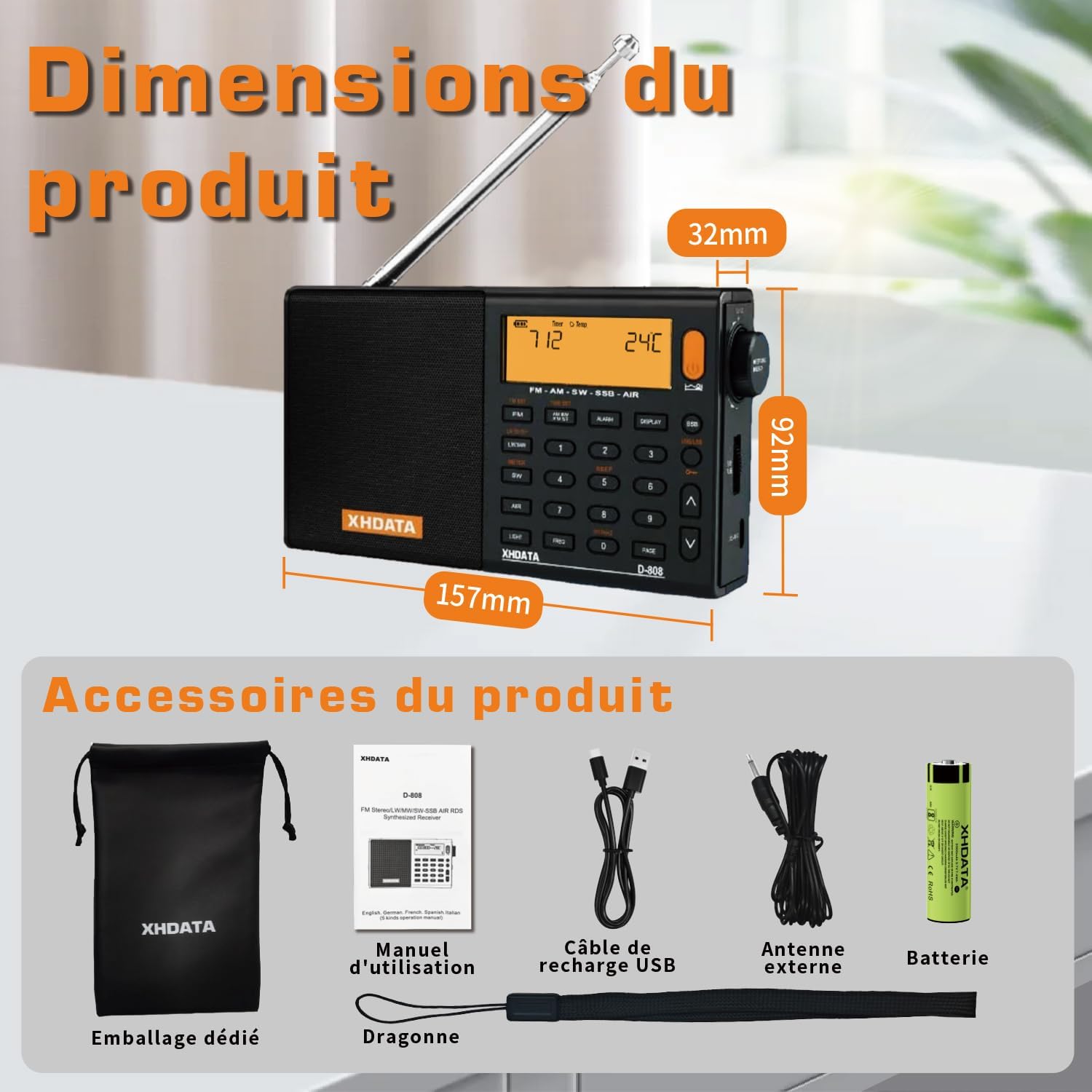 Thumbnail 6 de XHDATA D-808 Ondes Courtes : Radio portable complète avec SSB, RDS et batterie rechargeable