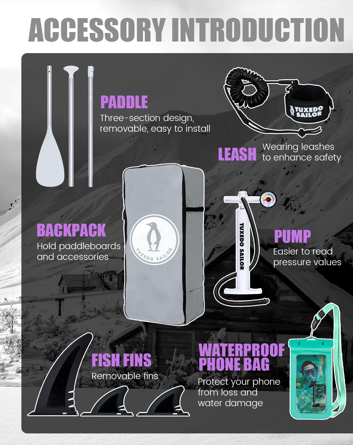 Detalle de Tuxedo Sailor 10'6"/11' Inflatable SUP with Accessories — Stable, Family‑Friendly Paddle Board