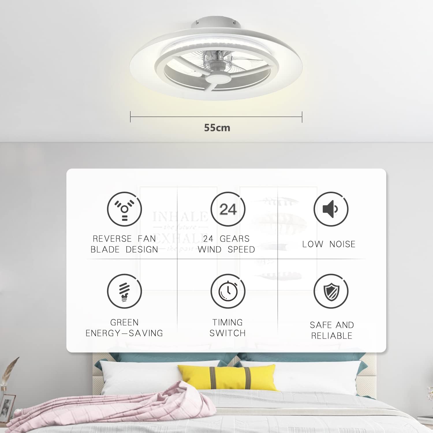 Detalle de BKZO 55 cm Smart LED Ceiling Light with Fan — RGB, Dimming, and App Control