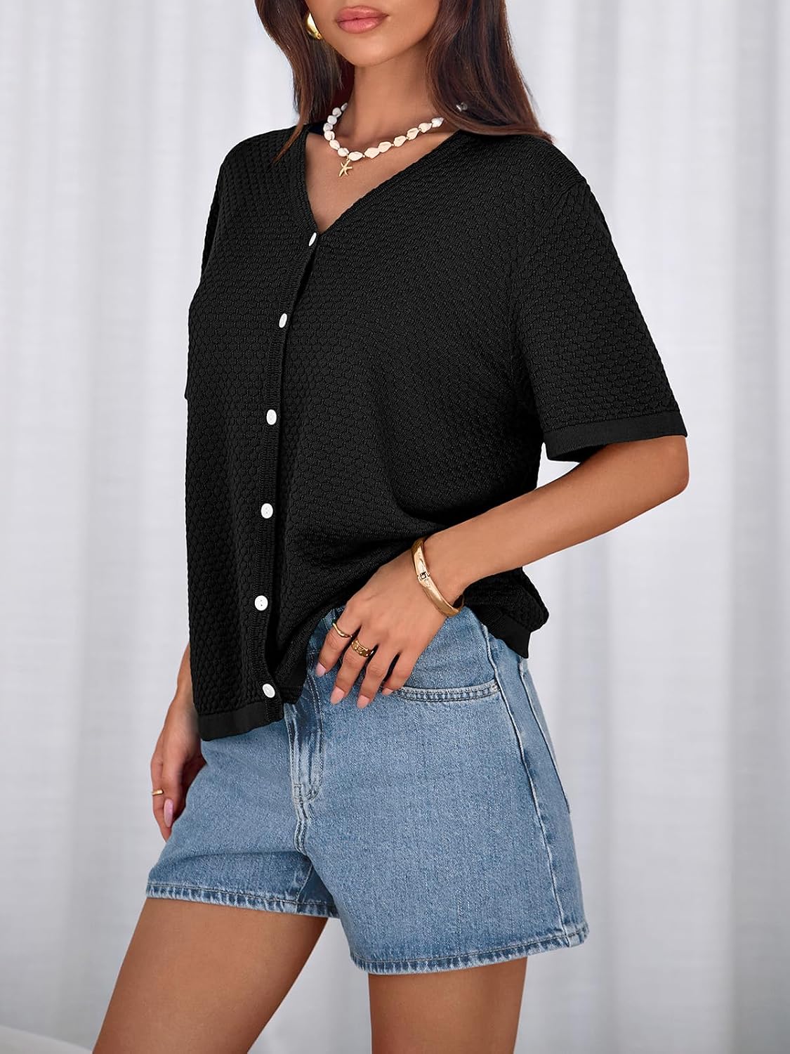 Thumbnail 4 de NALANISA V-Neck Striped Crochet Knit Top