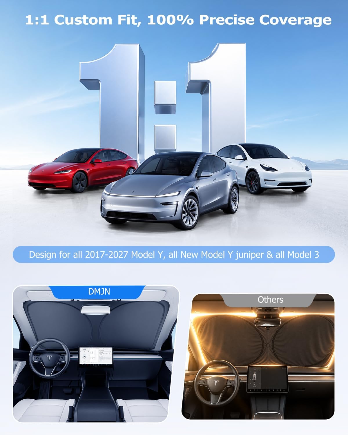Thumbnail 3 de DMJN Front Windshield Sun Shade for Tesla Model Y, Model 3 & New Model Y Juniper (2017-2026) with Nano Ice-Crystal Coatings