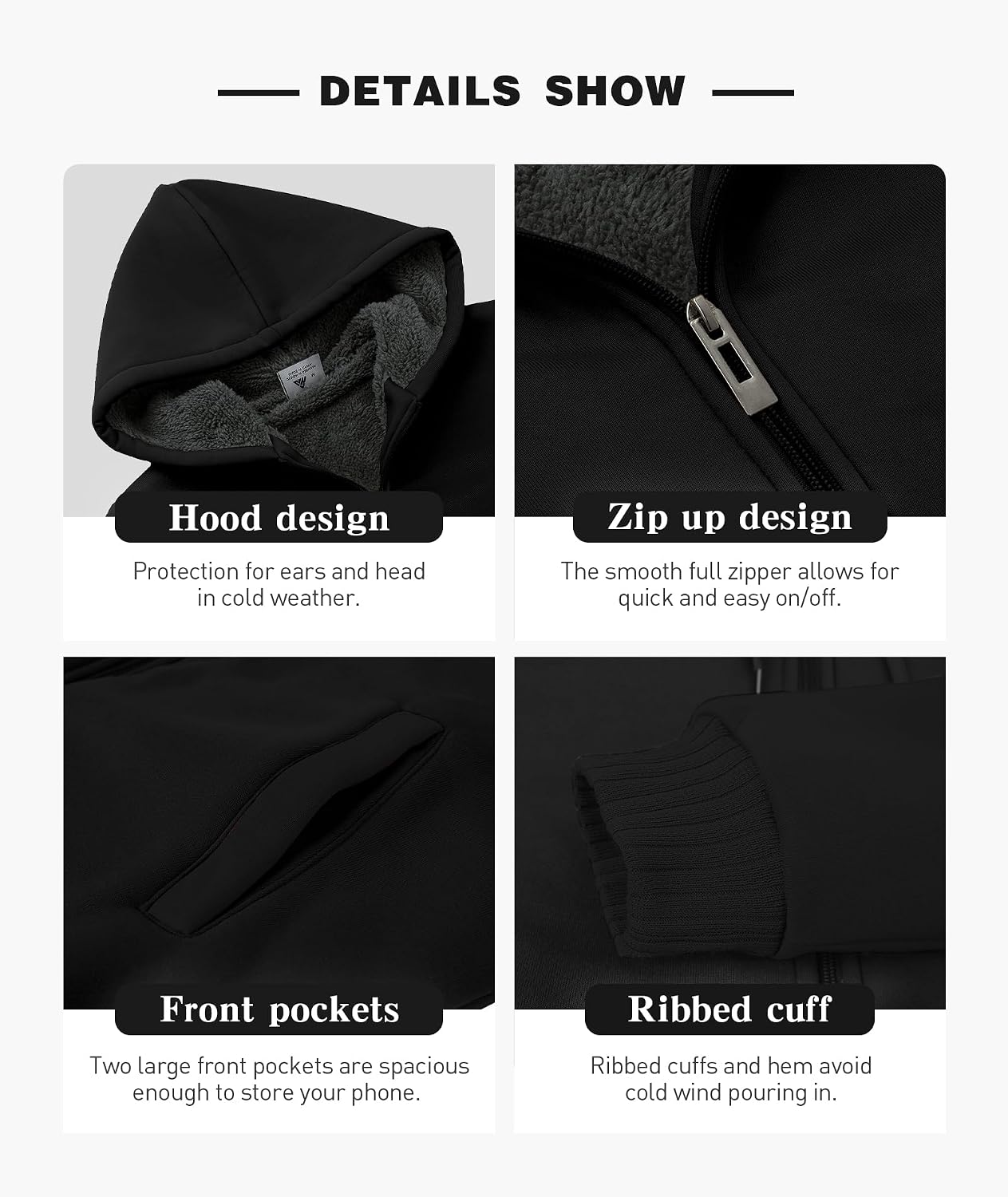 Detalle de ZITY Men's Sherpa-Lined Zip-Up Hoodie