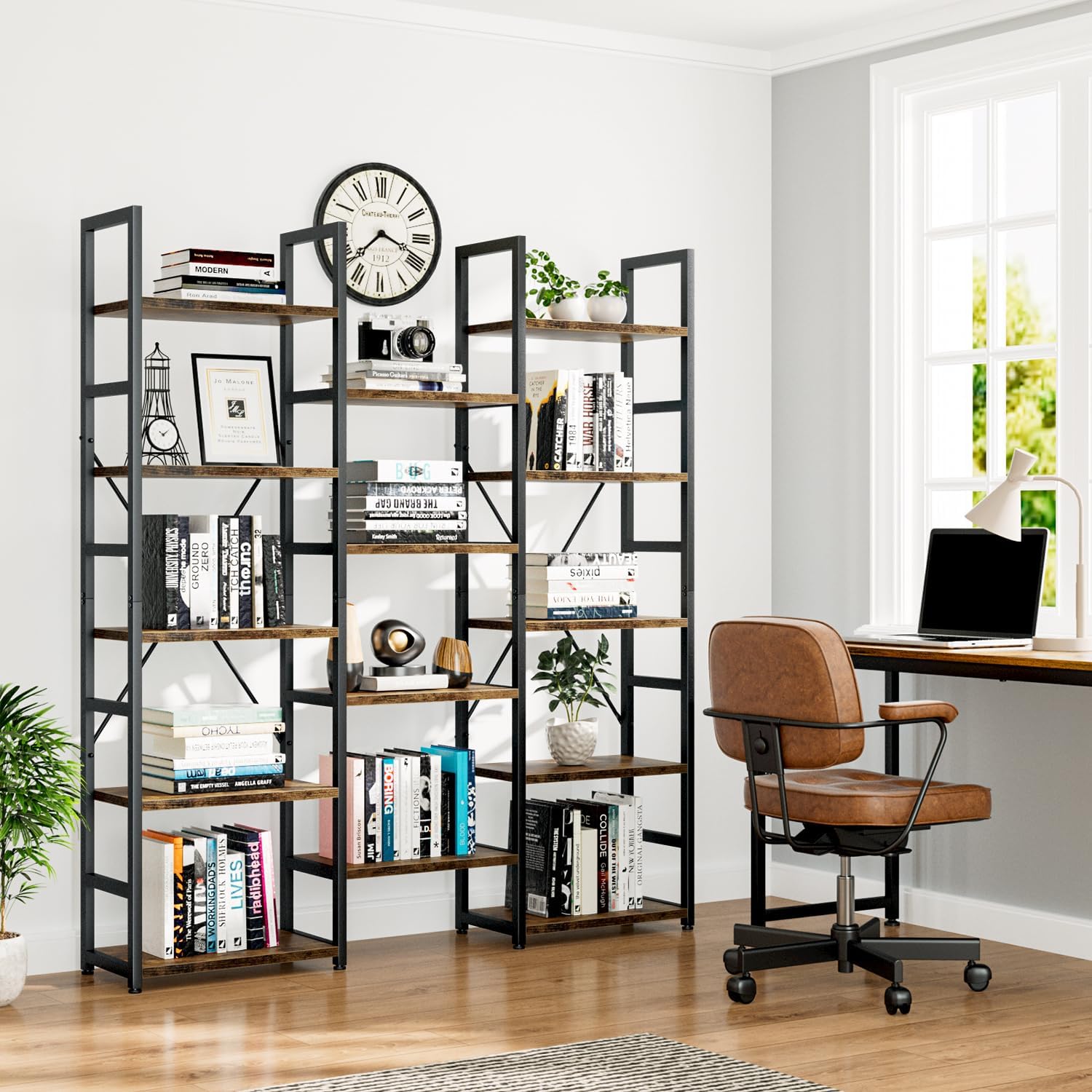 Thumbnail 6 de NUMENN Triple Column 5 Tier Bookshelf: 14 Open Shelves, Adjustable Rustic Industrial Display