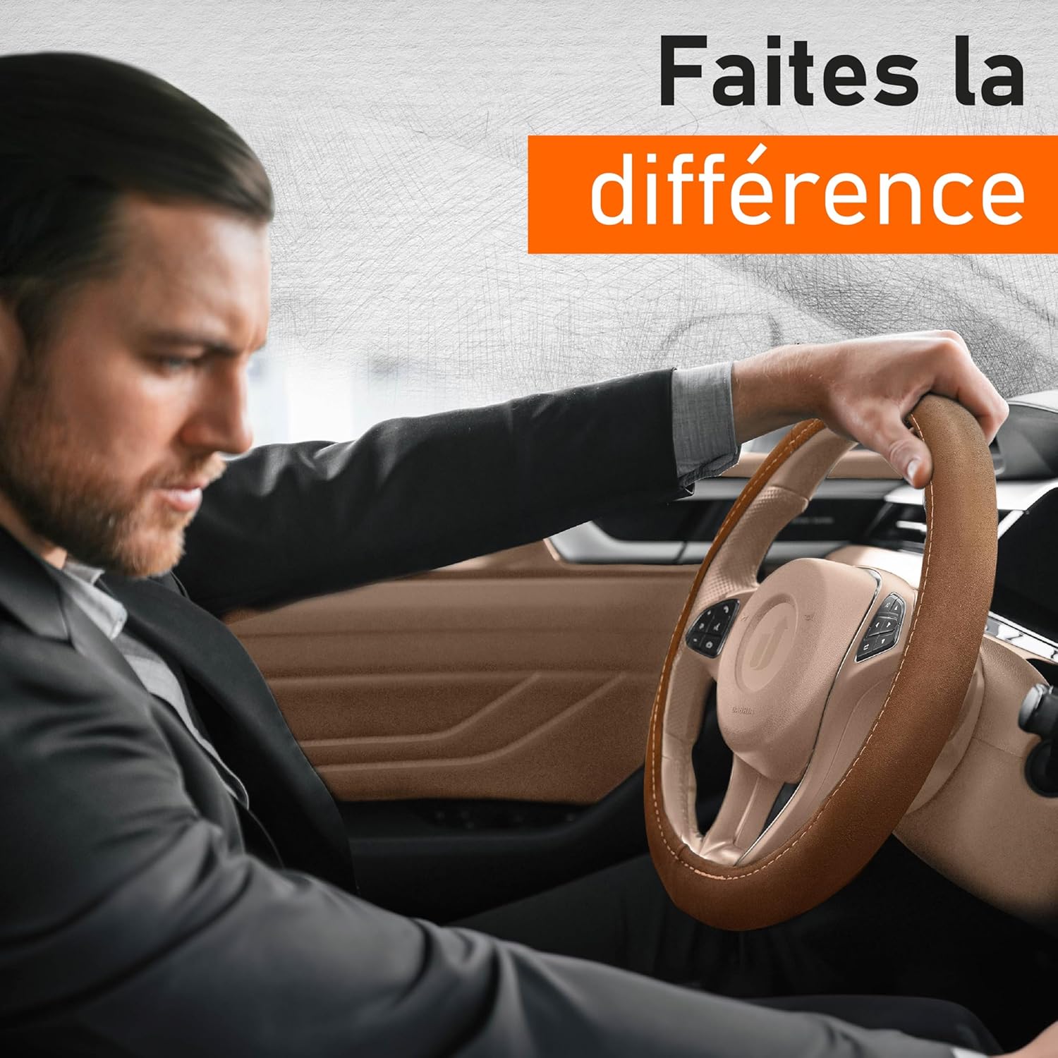 Detalle de Upgrade4cars Couvre volant voiture brun – taille universelle 37 à 39 cm