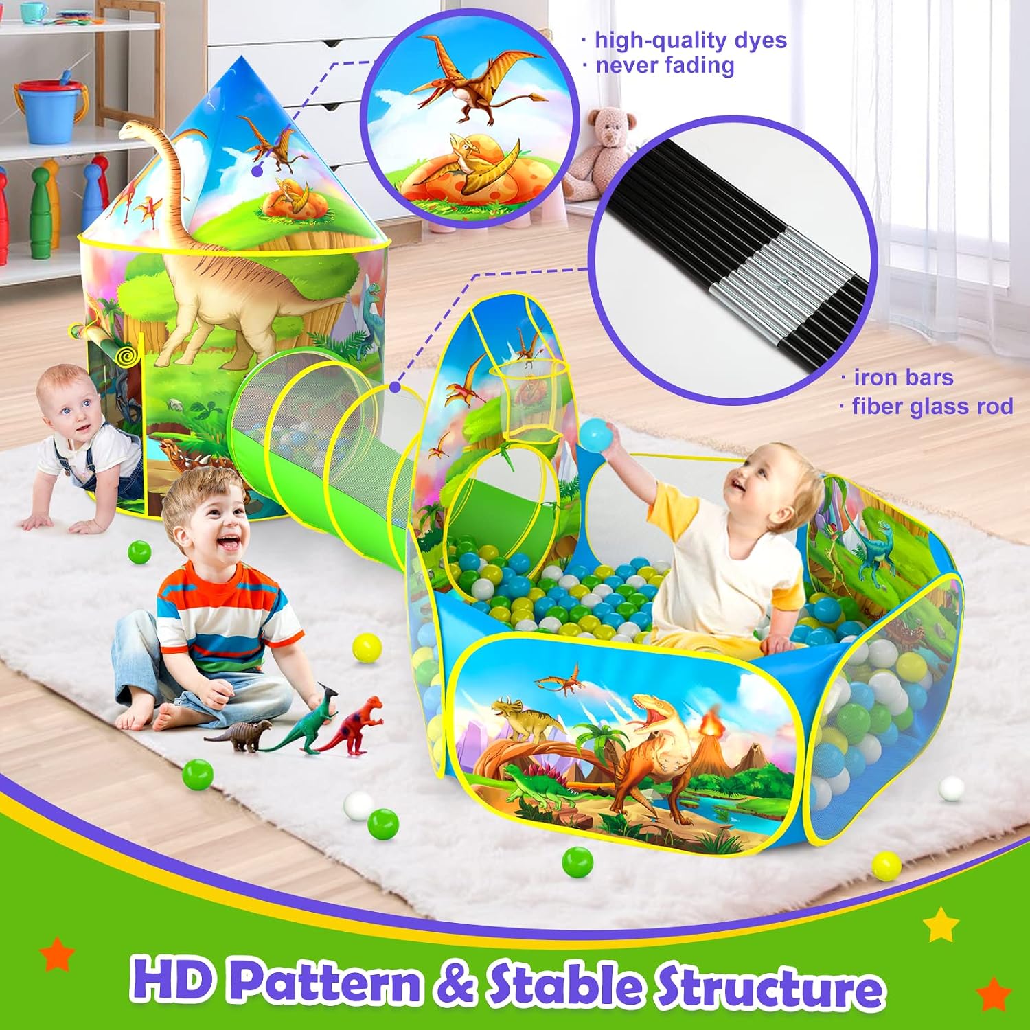 Detalle de 3PC Dinosaur Tent for Boys with Ball Pit, Tunnel & Pop Up Playhouse