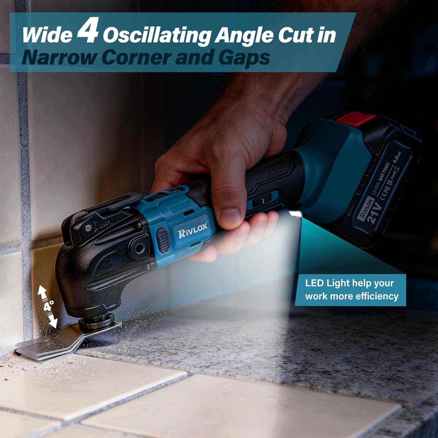 Thumbnail 6 de Rivlox Oscillating Multi Tool with 2x 4.0Ah Batteries – 680W, 6 Speeds, 4° Oscillation, Brushless, LED Light