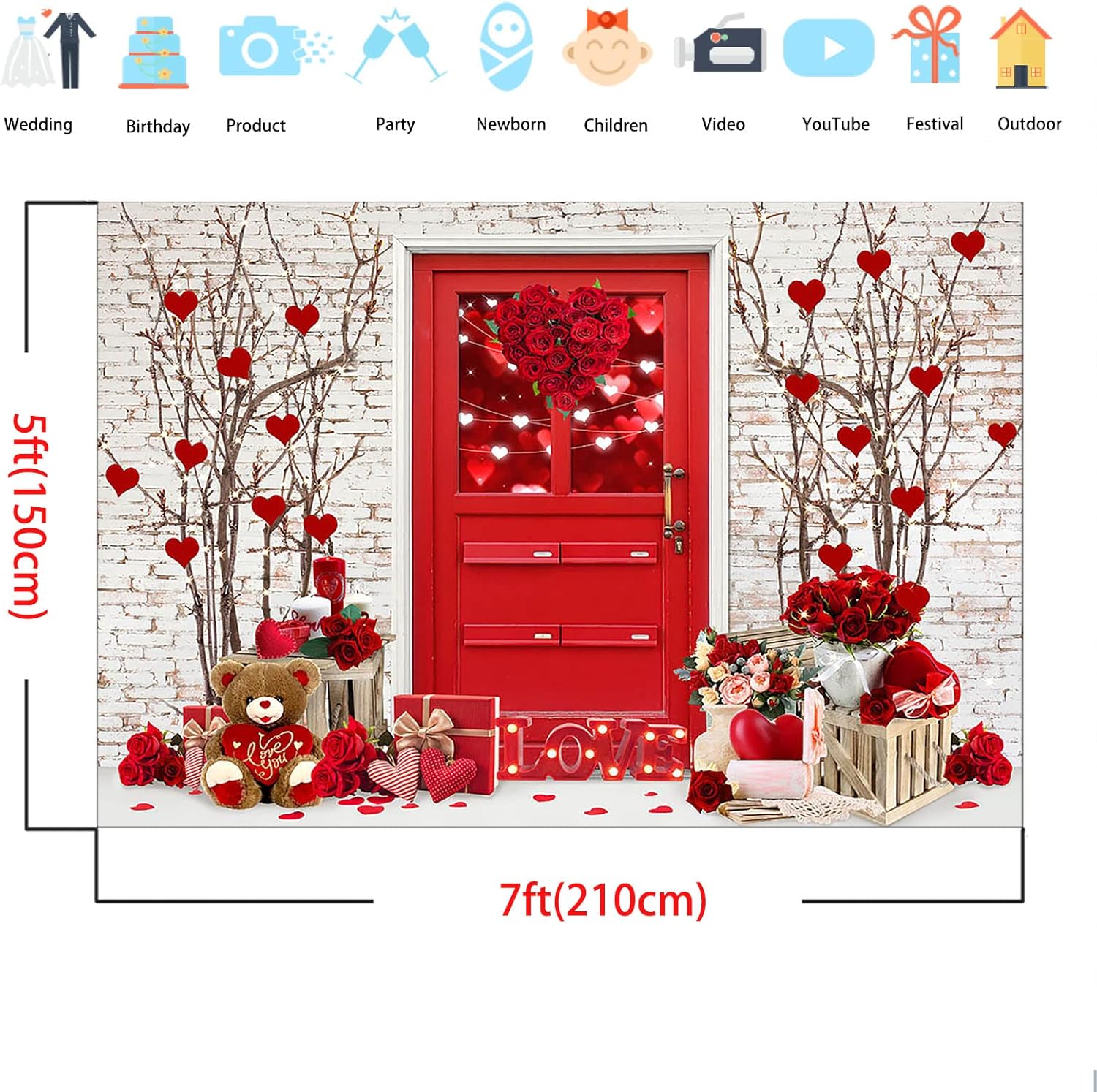Thumbnail 3 de Avezano Valentine's Day Backdrop 7ft x 5ft – Red Rose Shop on White Brick Wall